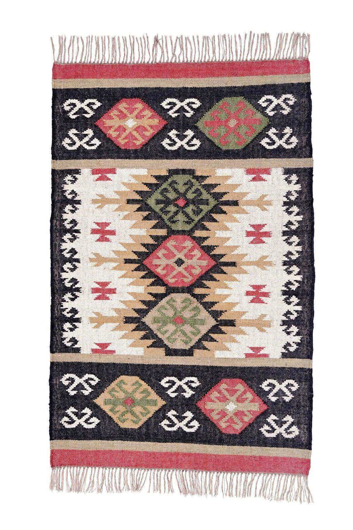 Alfombra Pequeña Étnica Hecha a Mano de Lana y Yute - 60x90 cm - Multicolor y Reversible - Origen India