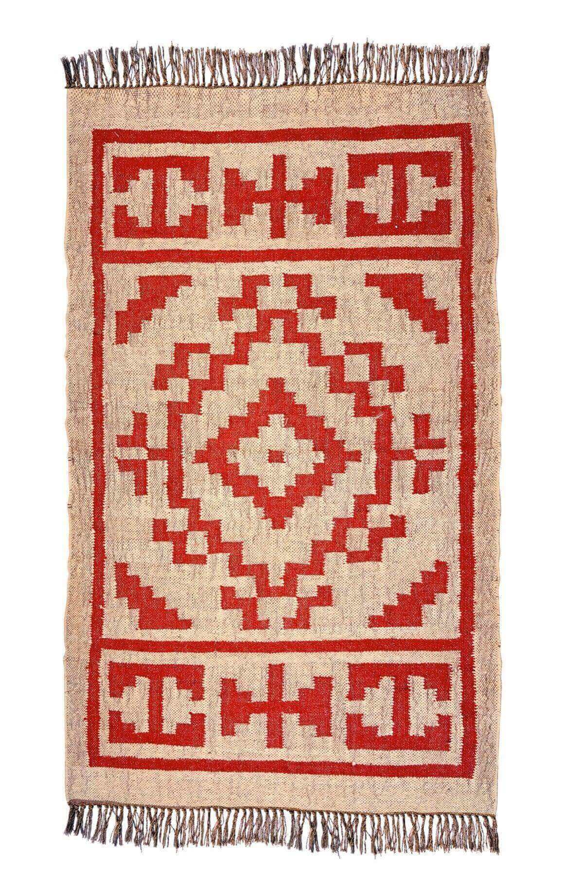 alfombra kilim, de lana y yute,  pequeña, étnica, rojo, blanco, geométrica,  reversible, artesanal, moderno,India.