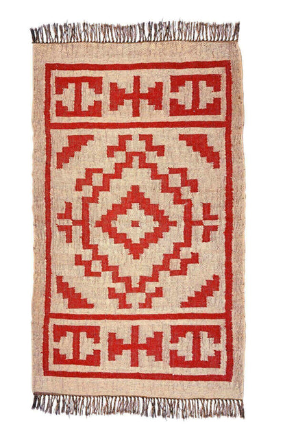 alfombra kilim, de lana y yute,  pequeña, étnica, rojo, blanco, geométrica,  reversible, artesanal, moderno,India.