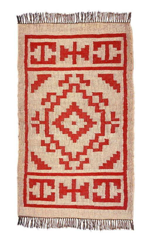 alfombra kilim, de lana y yute,  pequeña, étnica, rojo, blanco, geométrica,  reversible, artesanal, moderno,India.