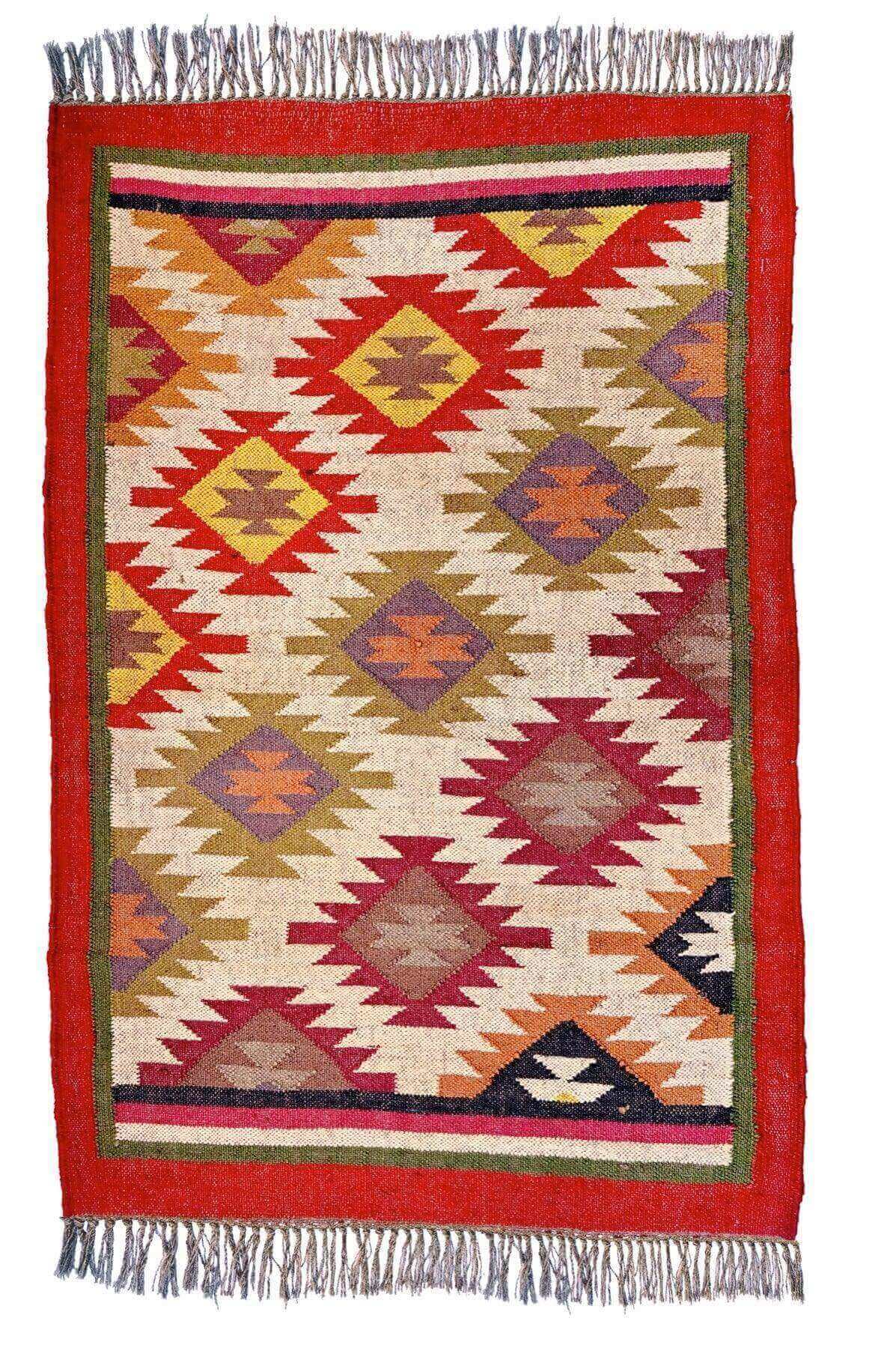 alfombra kilim, de lana y yute,  pequeña, étnica, rojo, blanco, geométrica,  reversible, artesanal, moderno,India.