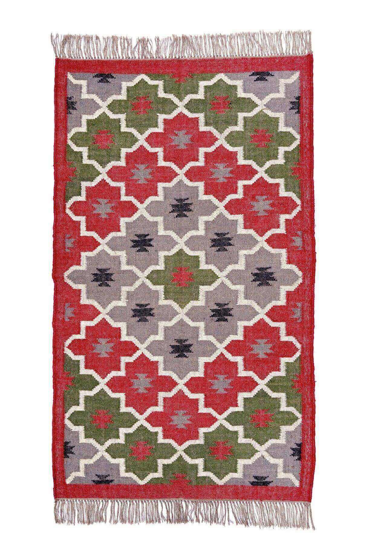 Alfombra Pequeña, Étnica Hecha a Mano de Lana y Yute-90x150 cm-Reversible-Origen India-Tintes Naturales- Fibras Sostenibles