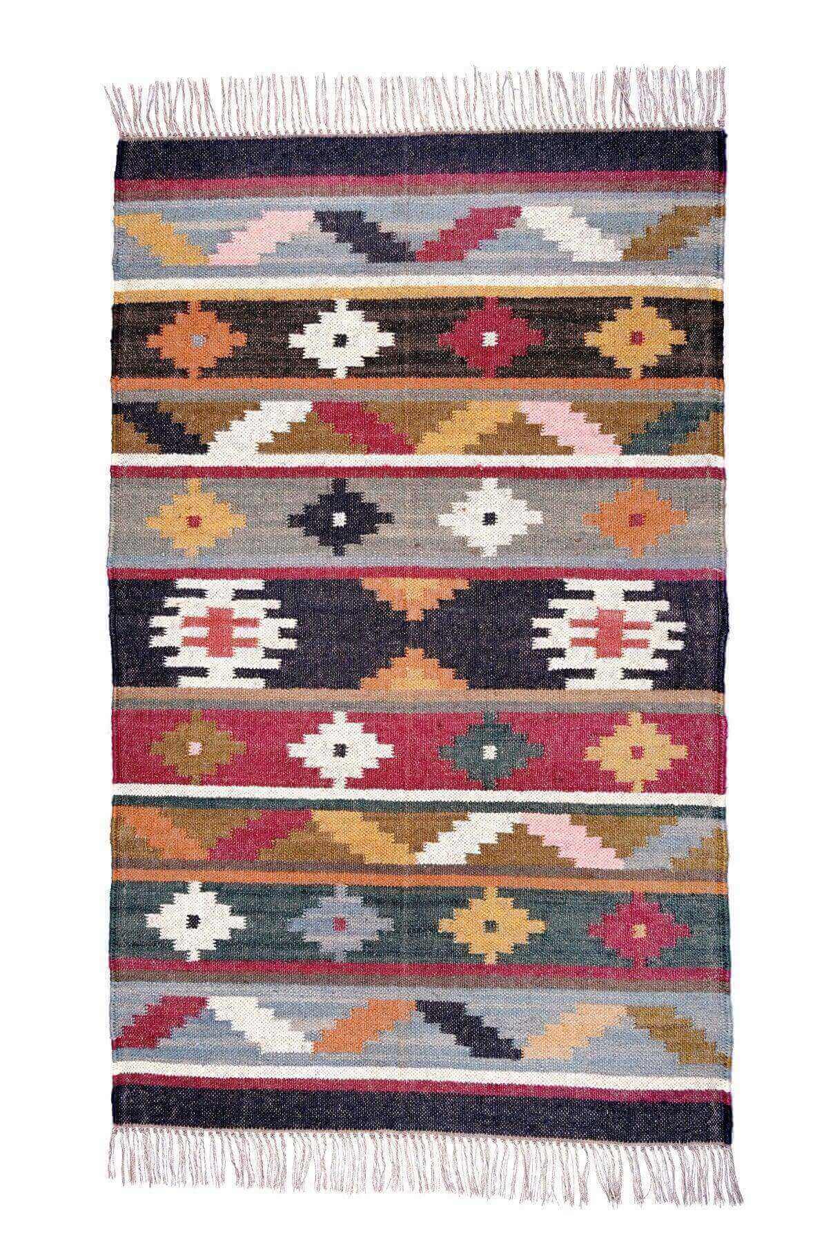 Alfombra Pequeña Étnica Hecha a Mano de Lana y Yute - 60x90 cm - Multicolor y Reversible - Origen India