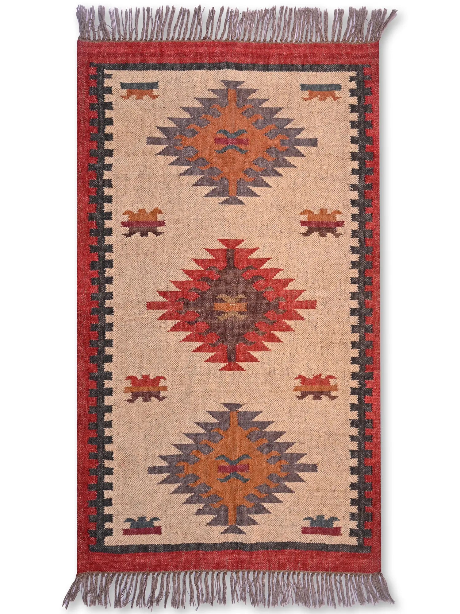 alfombras kililm pasillo 90x150 beige rojo necha a mano en fibras naturales