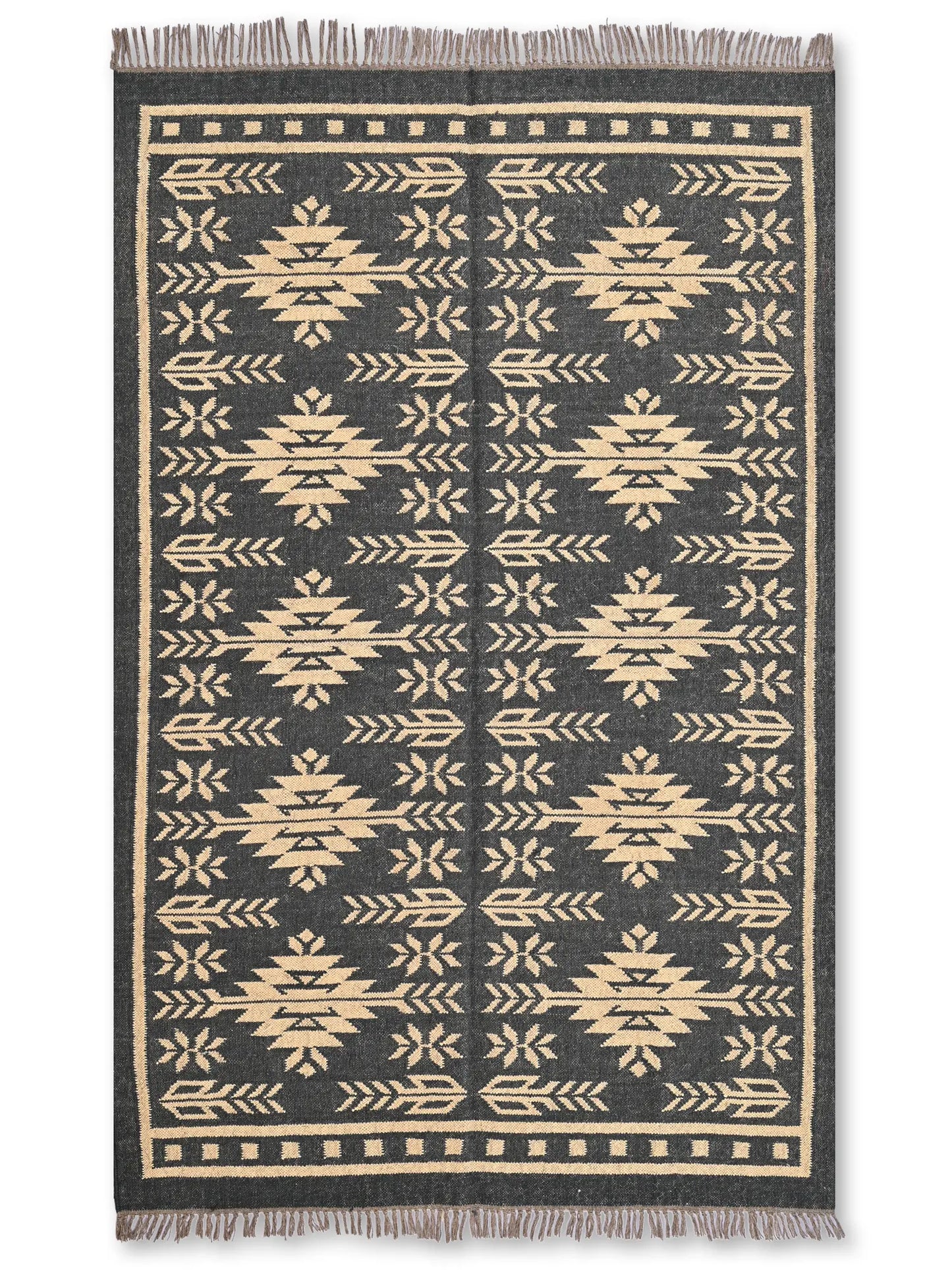 alfombras kililm pasillo 150x240 negro beige necha a mano en fibras naturales
