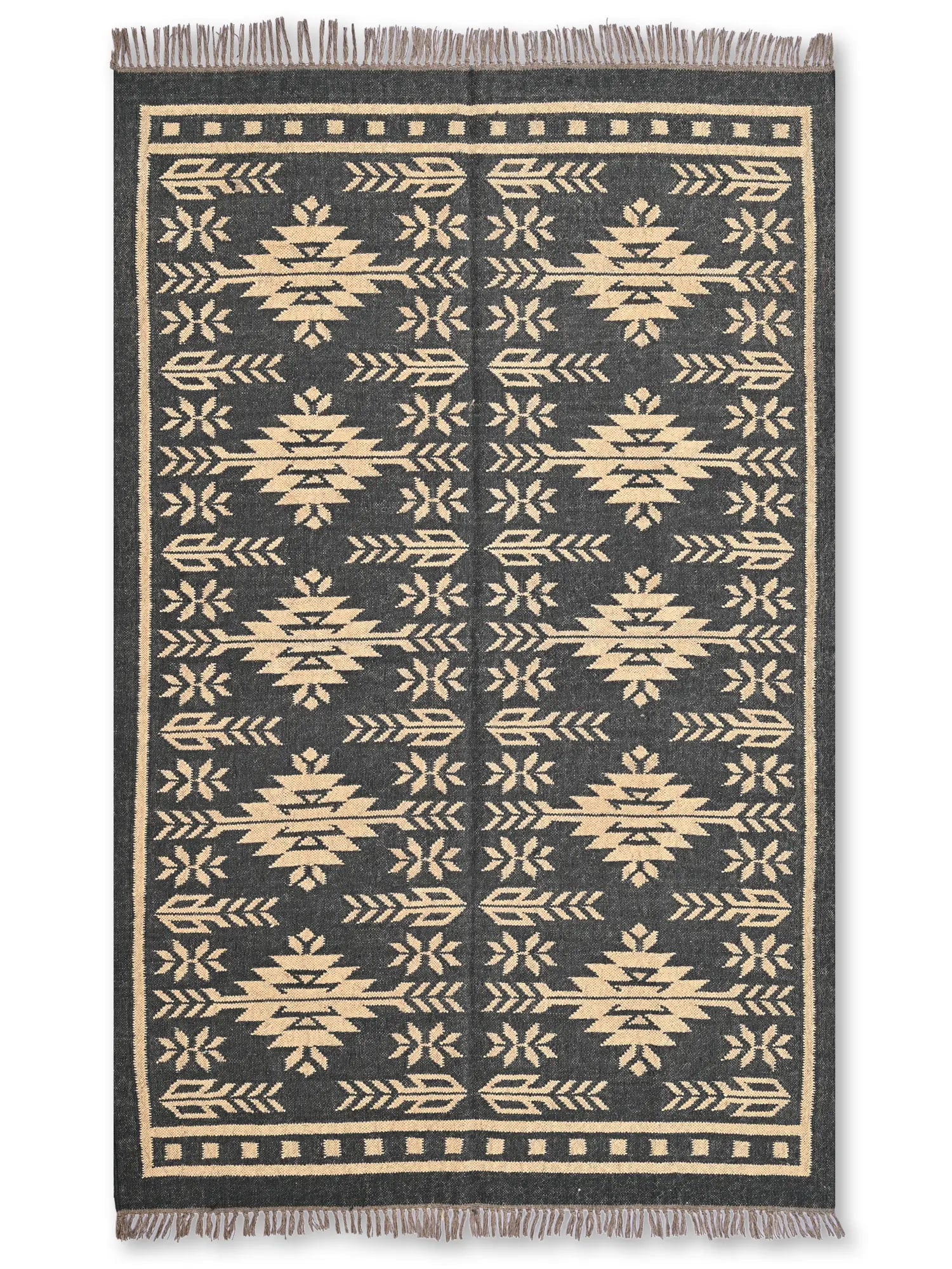 alfombras kililm pasillo 150x240 negro beige necha a mano en fibras naturales
