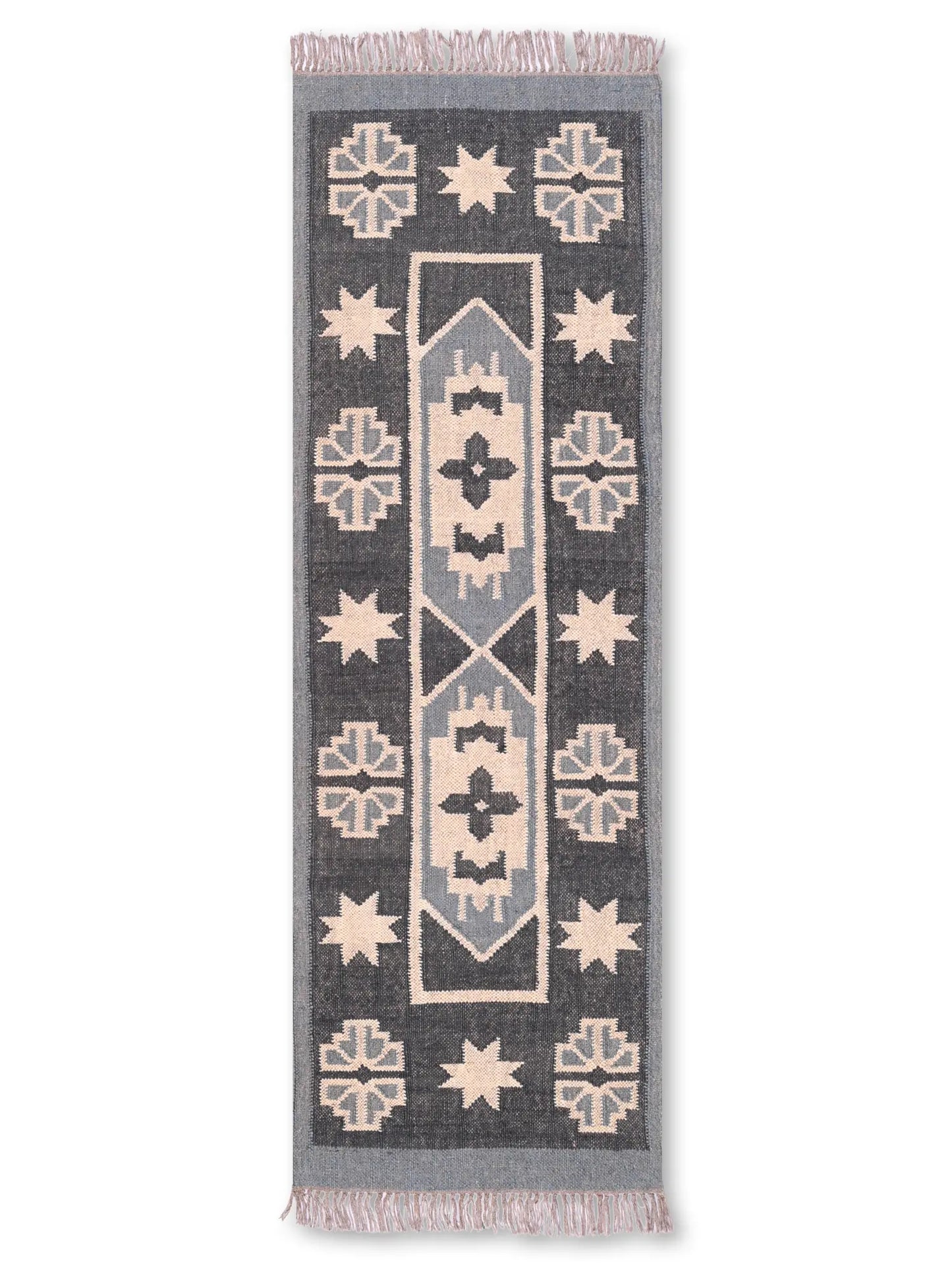 alfombras kilim pasillo 60x180 negro, beige hecha a mano en fibras naturales