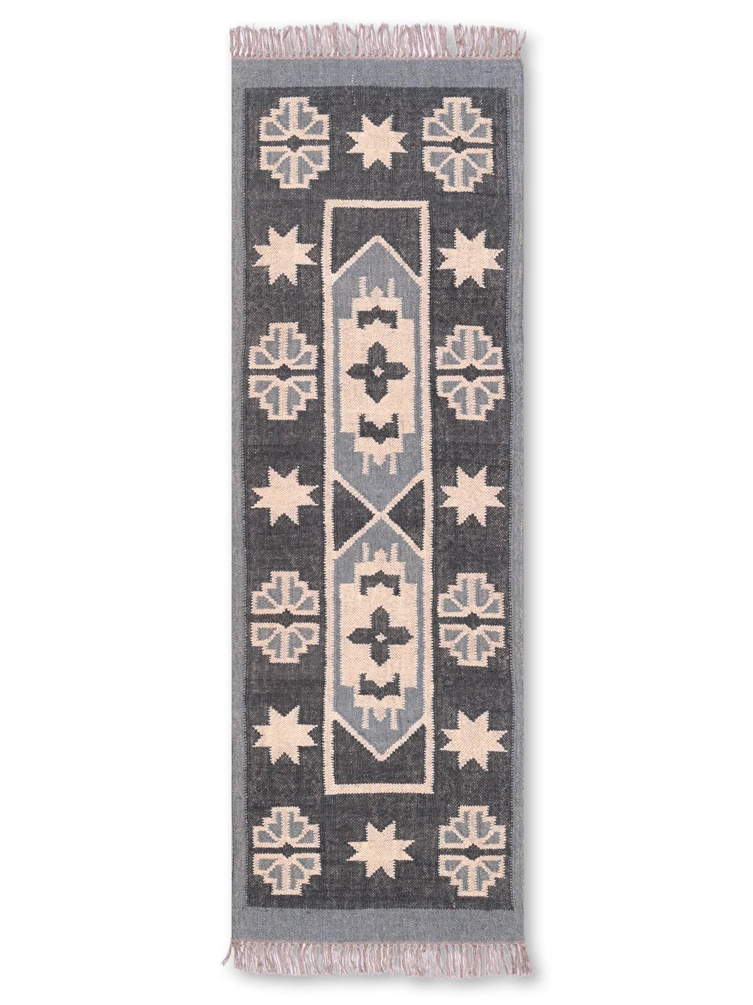 alfombras kilim pasillo 60x180 negro, beige hecha a mano en fibras naturales