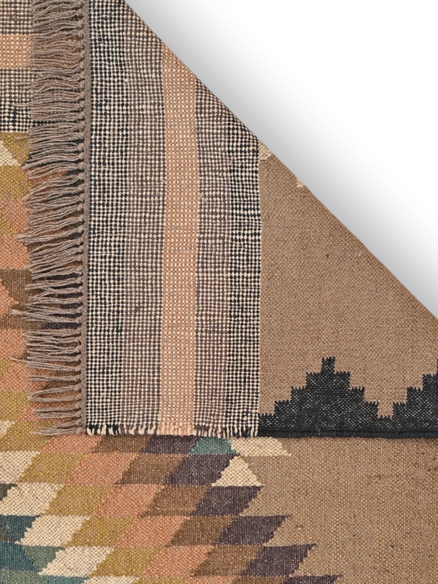 Detalle de alfombras kililm pasillo 120x180 multicolor necha a mano en fibras naturales