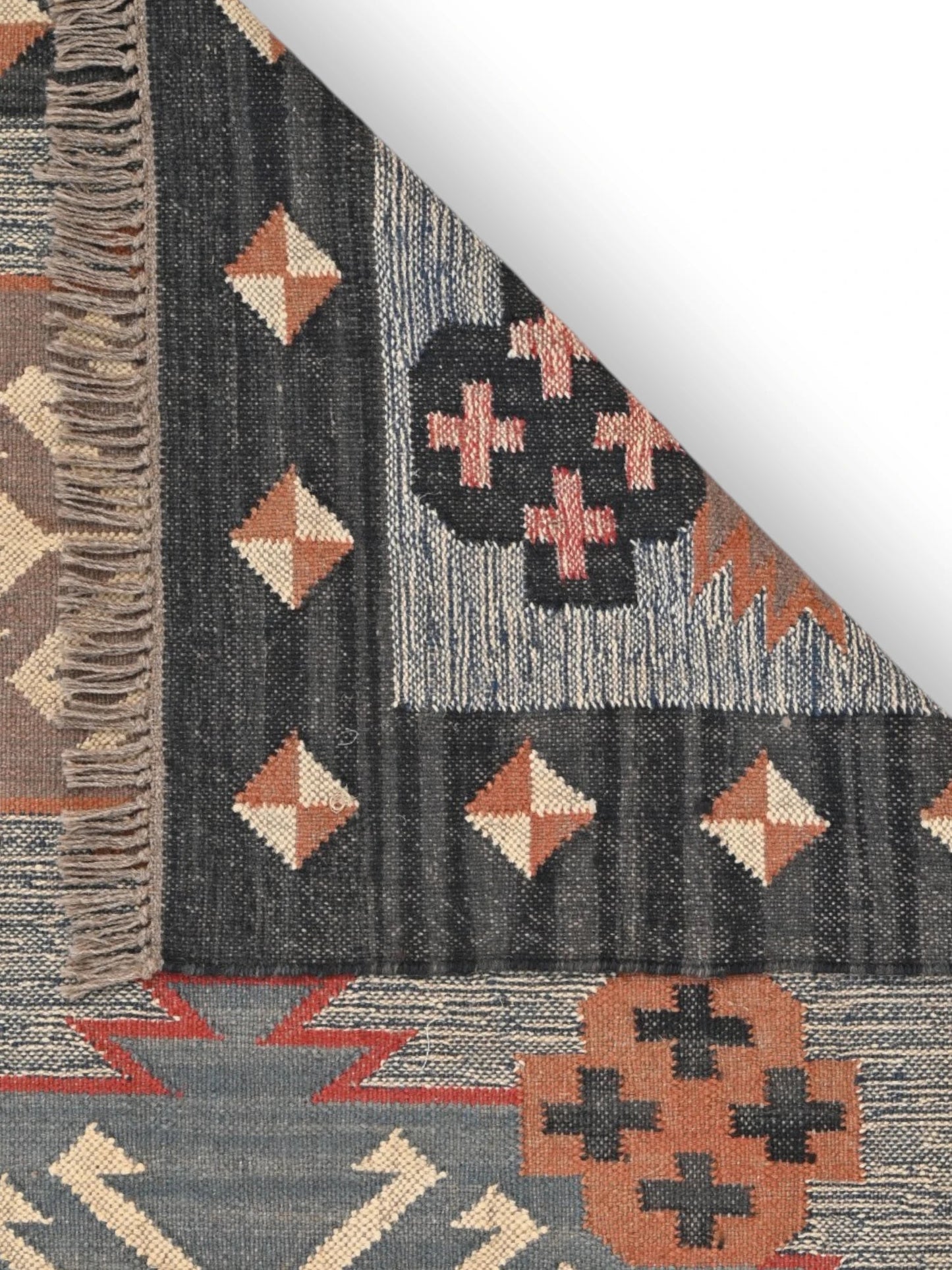 Detalle de alfombras kililm pasillo 120x180 multicolor necha a mano en fibras naturales