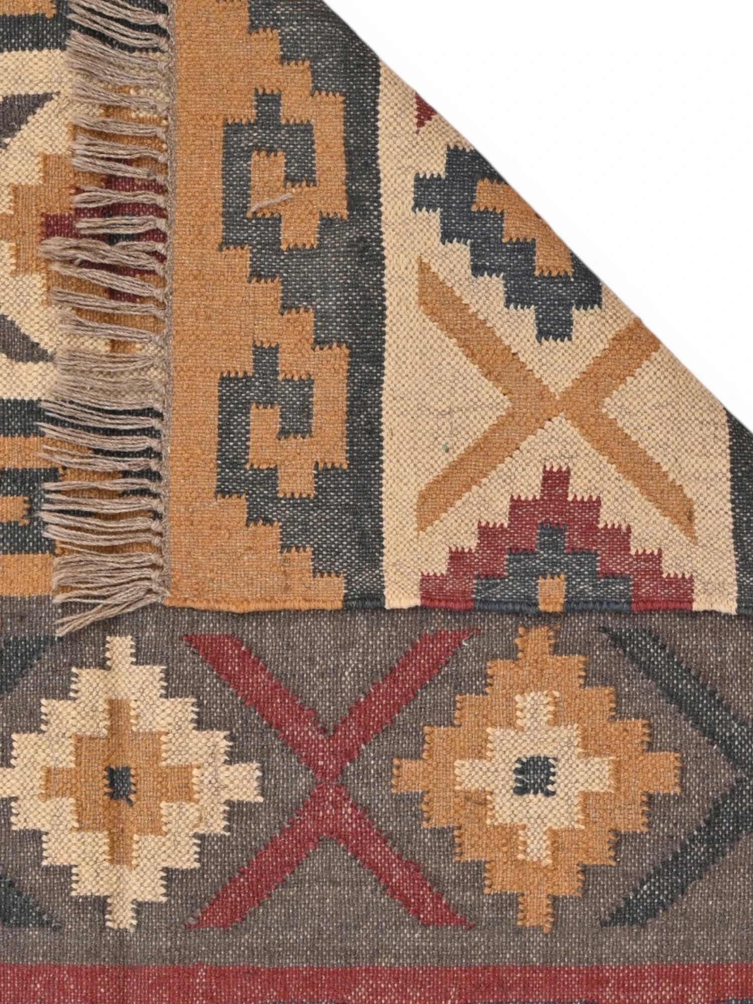Detalle de alfombra kilim pasillo 120x80cms multicolor hecha a mano en fibras naturales
