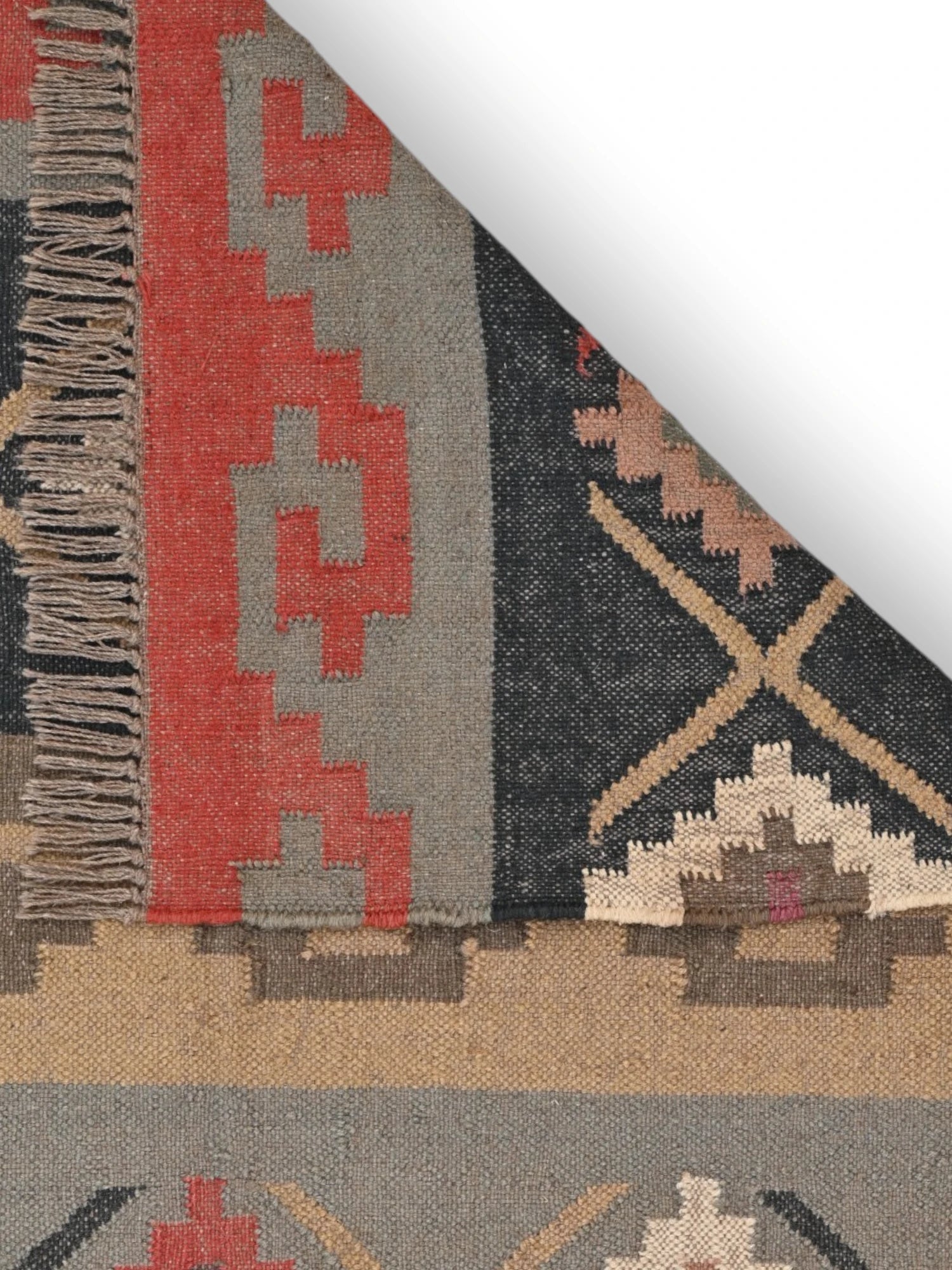 Detalle de alfombras kililm pasillo 120x180 multicolor necha a mano en fibras naturales