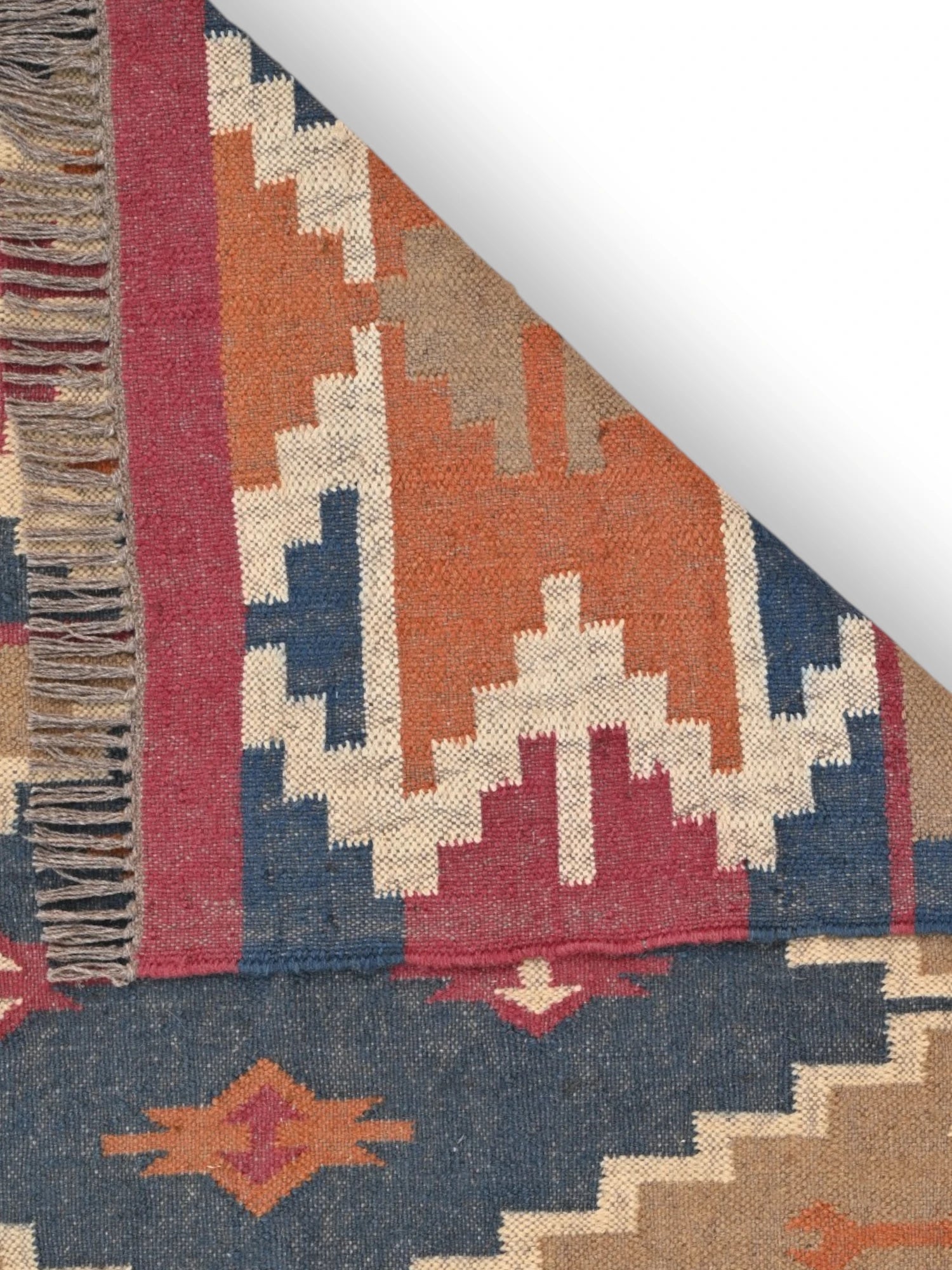 Detalle de alfombras kililm pasillo 120x180 multicolor necha a mano en fibras naturales