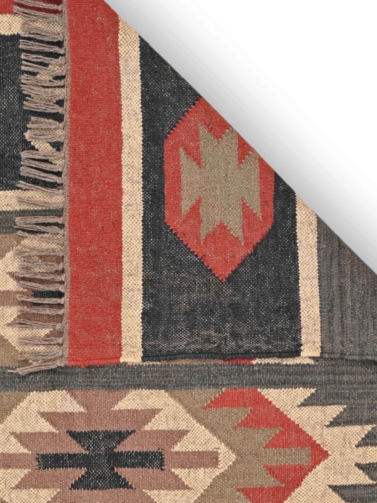 Detalle de alfombras kililm pasillo 120x180 multicolor necha a mano en fibras naturales