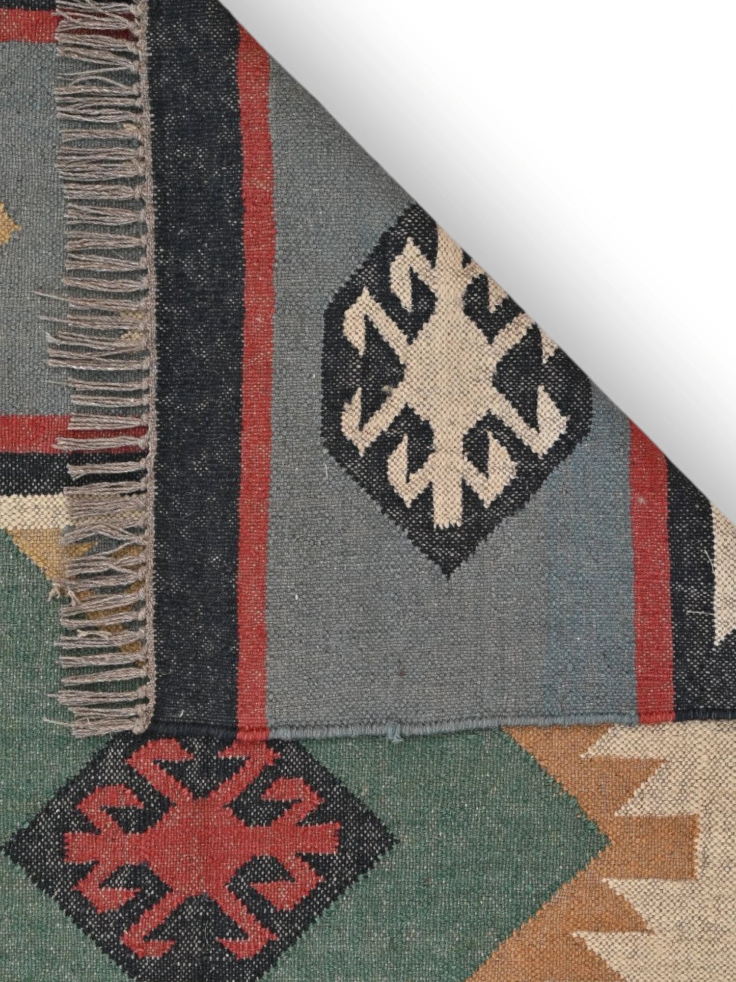 Detalle de alfombras kililm pasillo 120x180 multicolor necha a mano en fibras naturales