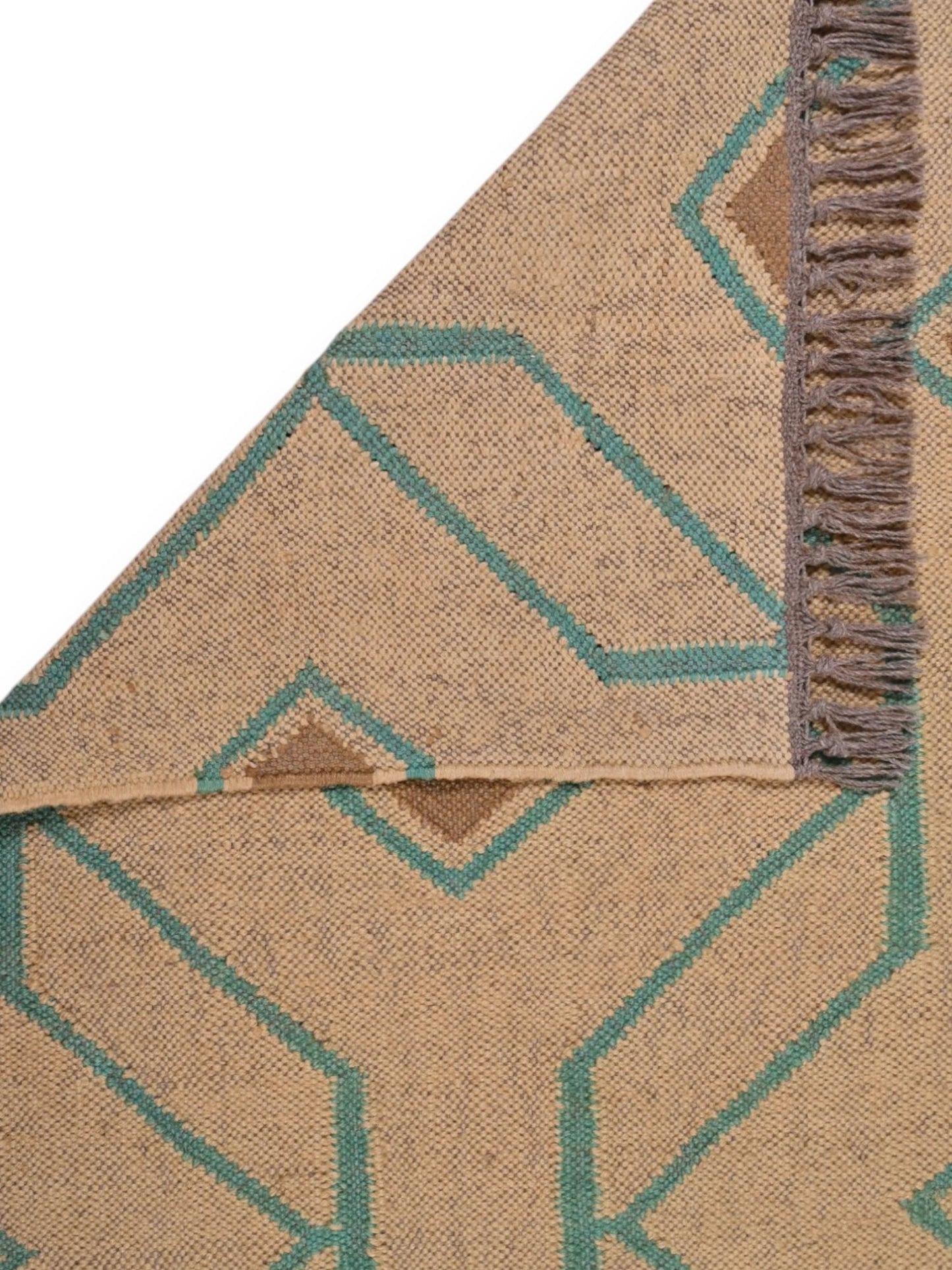 Detalle de alfombra kilim pasillo 120x80 marrón, verde, rojo hecha a mano en fibras naturales