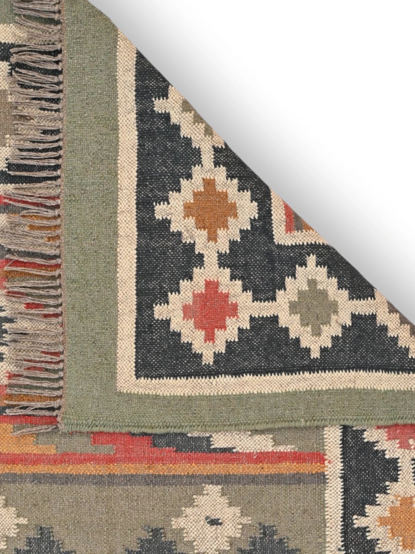 Detalle de alfombras kililm pasillo 60x90 multicolor necha a mano en fibras naturales