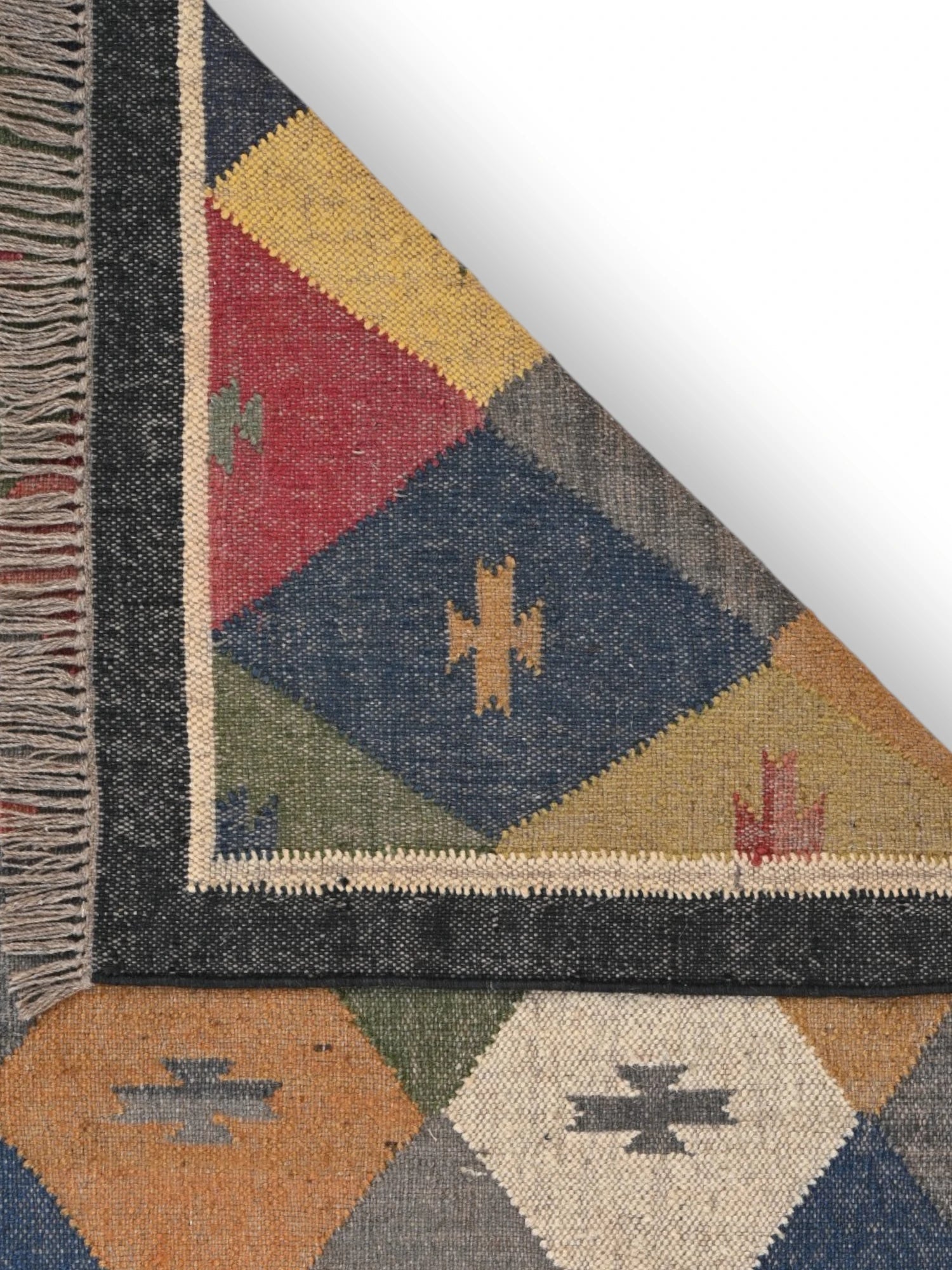 Detalle de alfombras kililm pasillo 120x180 multicolor necha a mano en fibras naturales