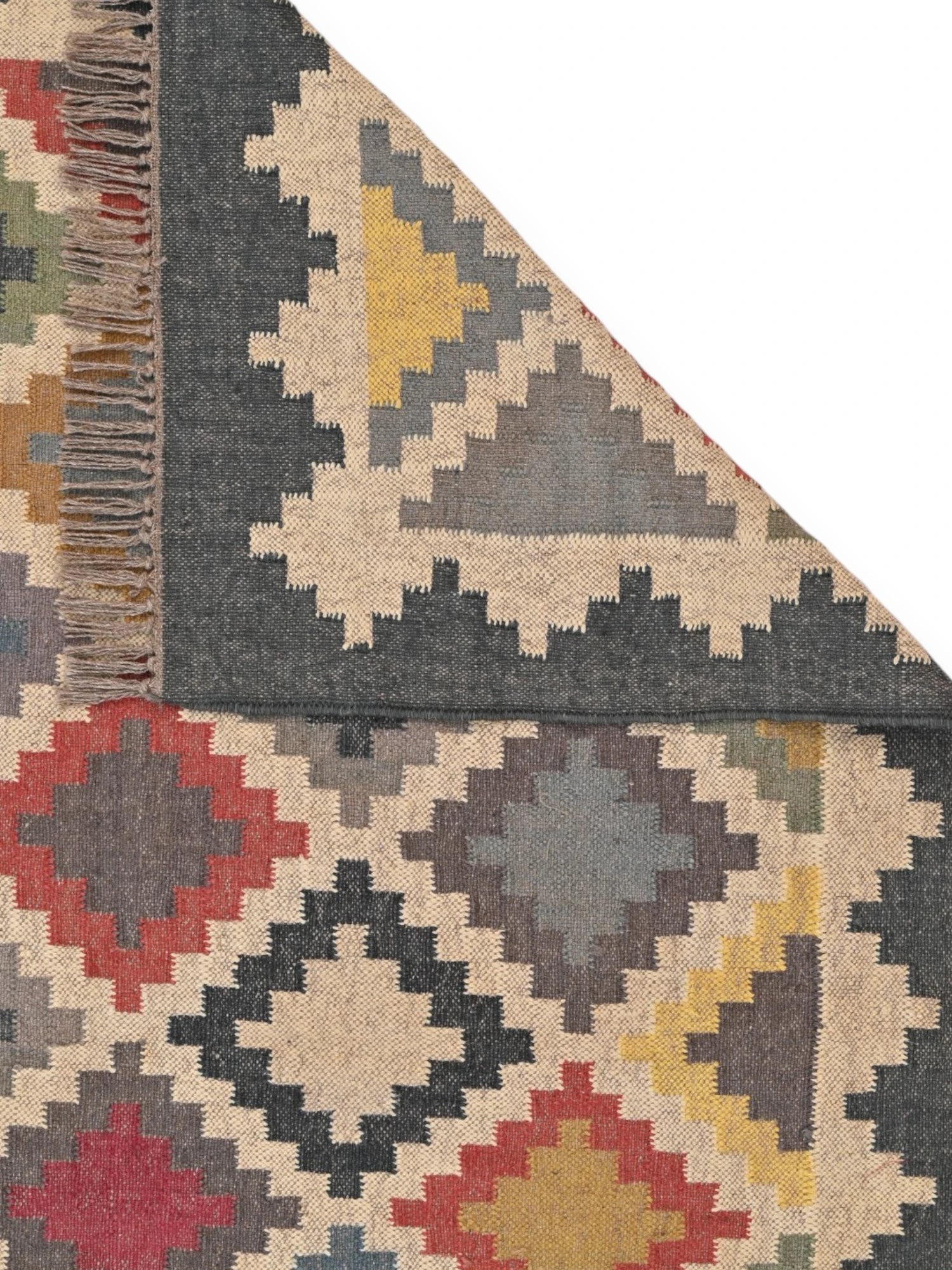 Detalle de alfombras kililm pasillo 60x90 multicolor necha a mano en fibras naturales