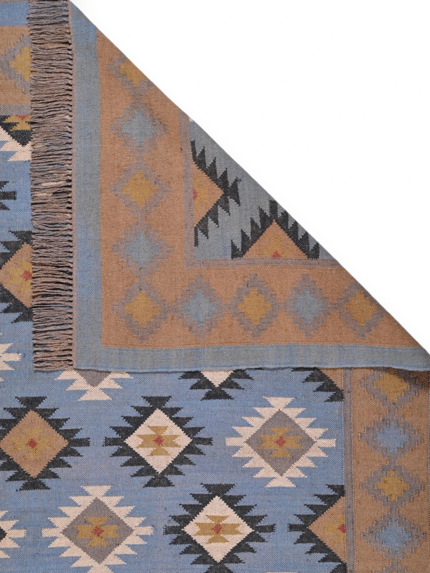 Detalle de alfombras kililm pasillo 15x240 multicolor necha a mano en fibras naturales
