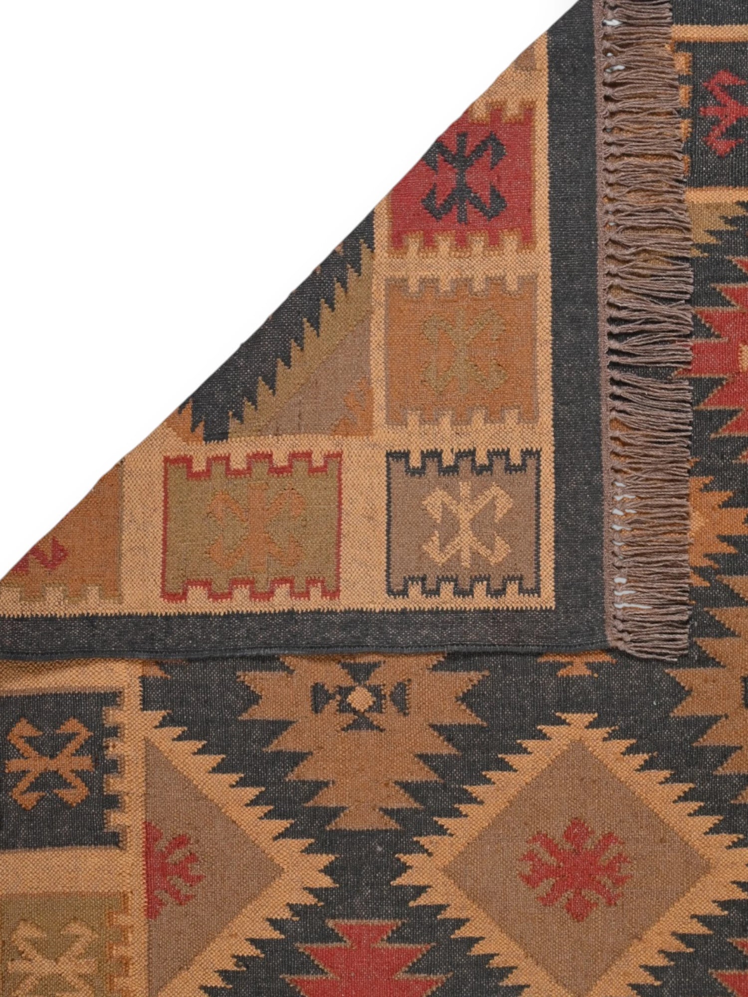 Detalle de alfombras kililm pasillo 150x240  multicolor necha a mano en fibras naturales