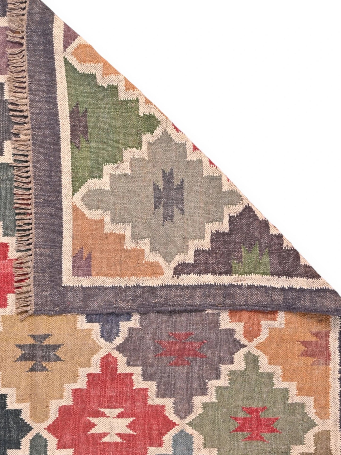 Detalle de alfombras kililm pasillo 150x240 multicolor necha a mano en fibras naturales