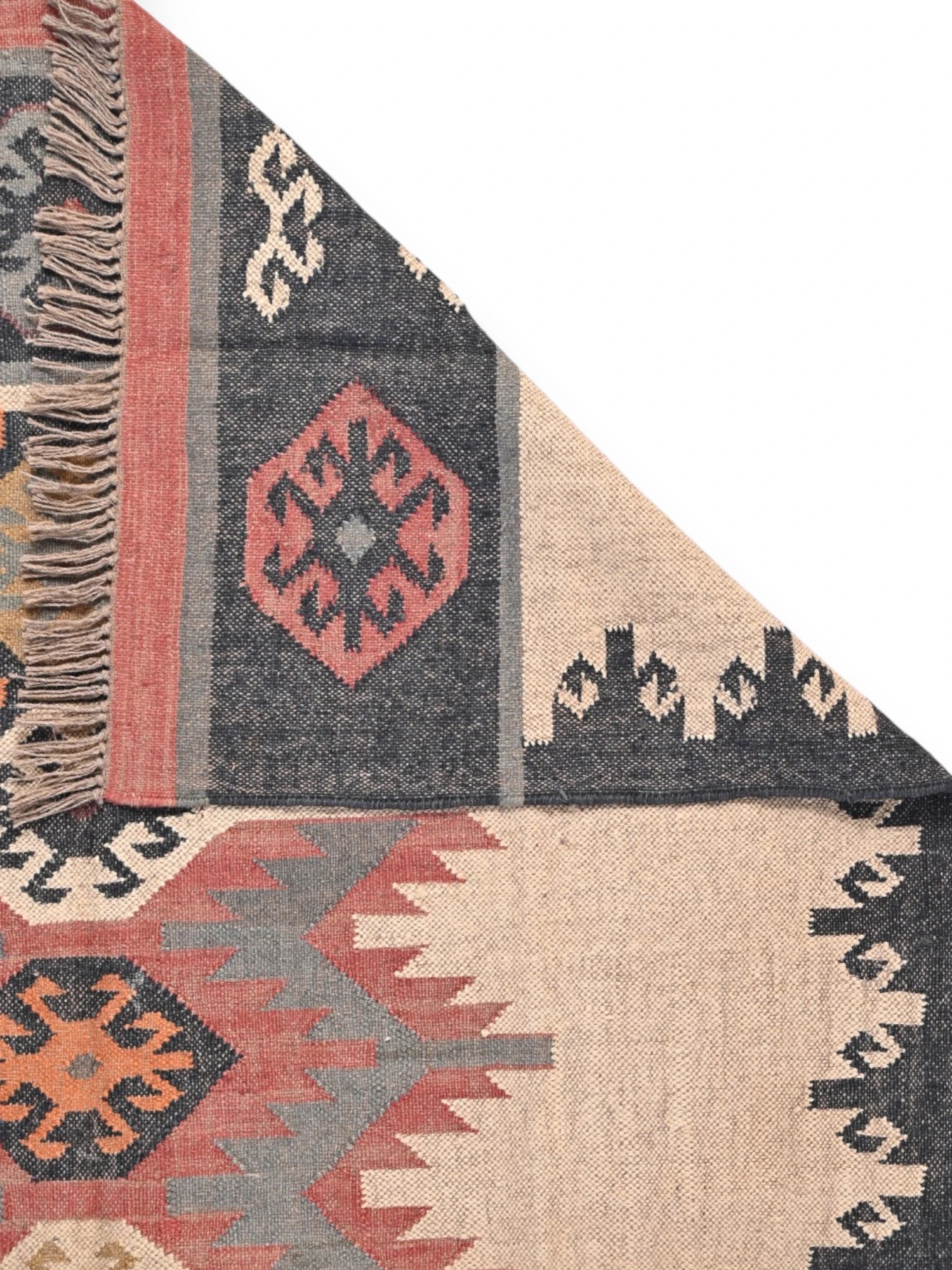Detalle de alfombras kililm pasillo 150x240 multicolor necha a mano en fibras naturales