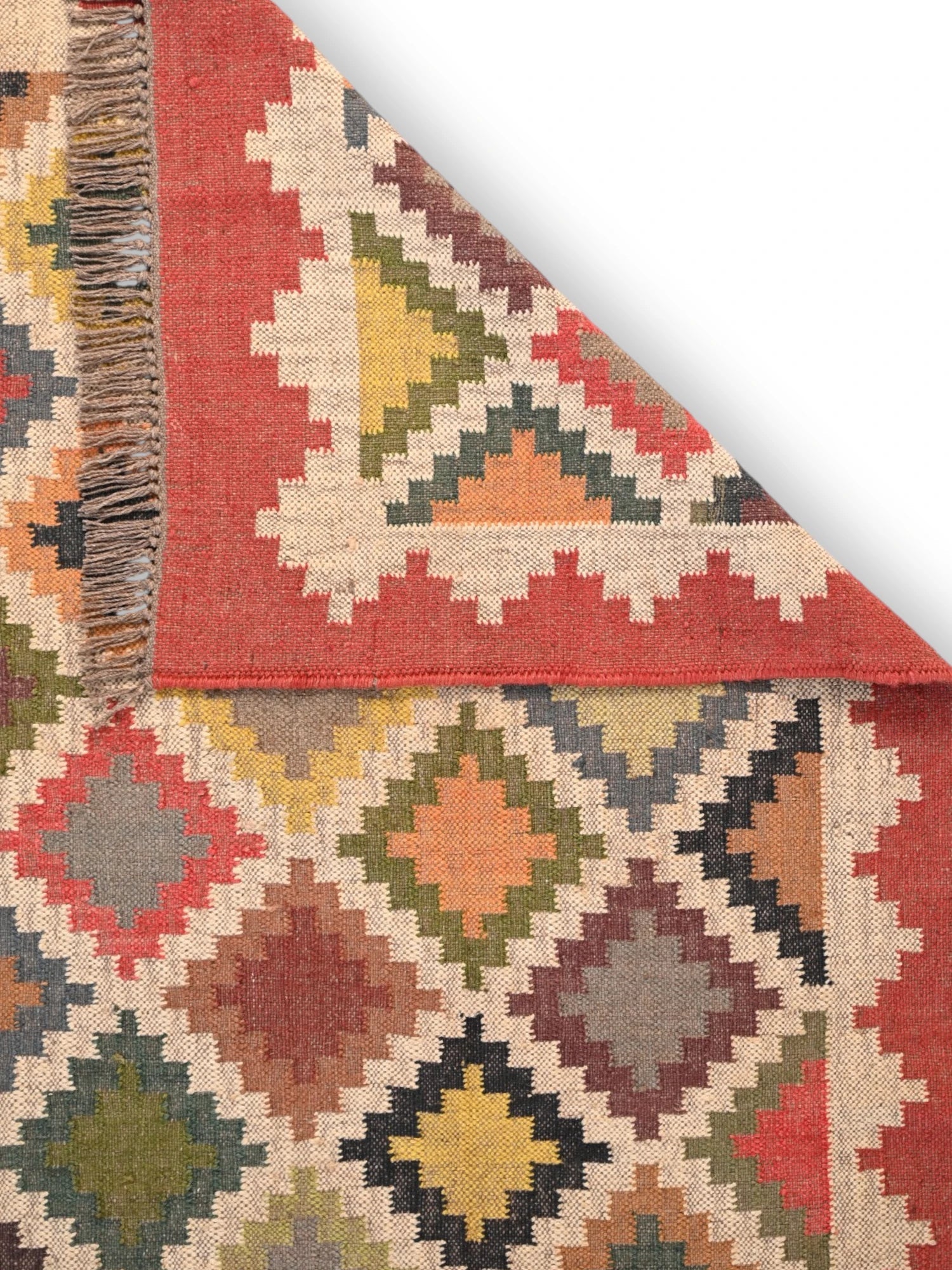 Detalle de alfombras kililm pasillo 180x270 multicolor necha a mano en fibras naturales