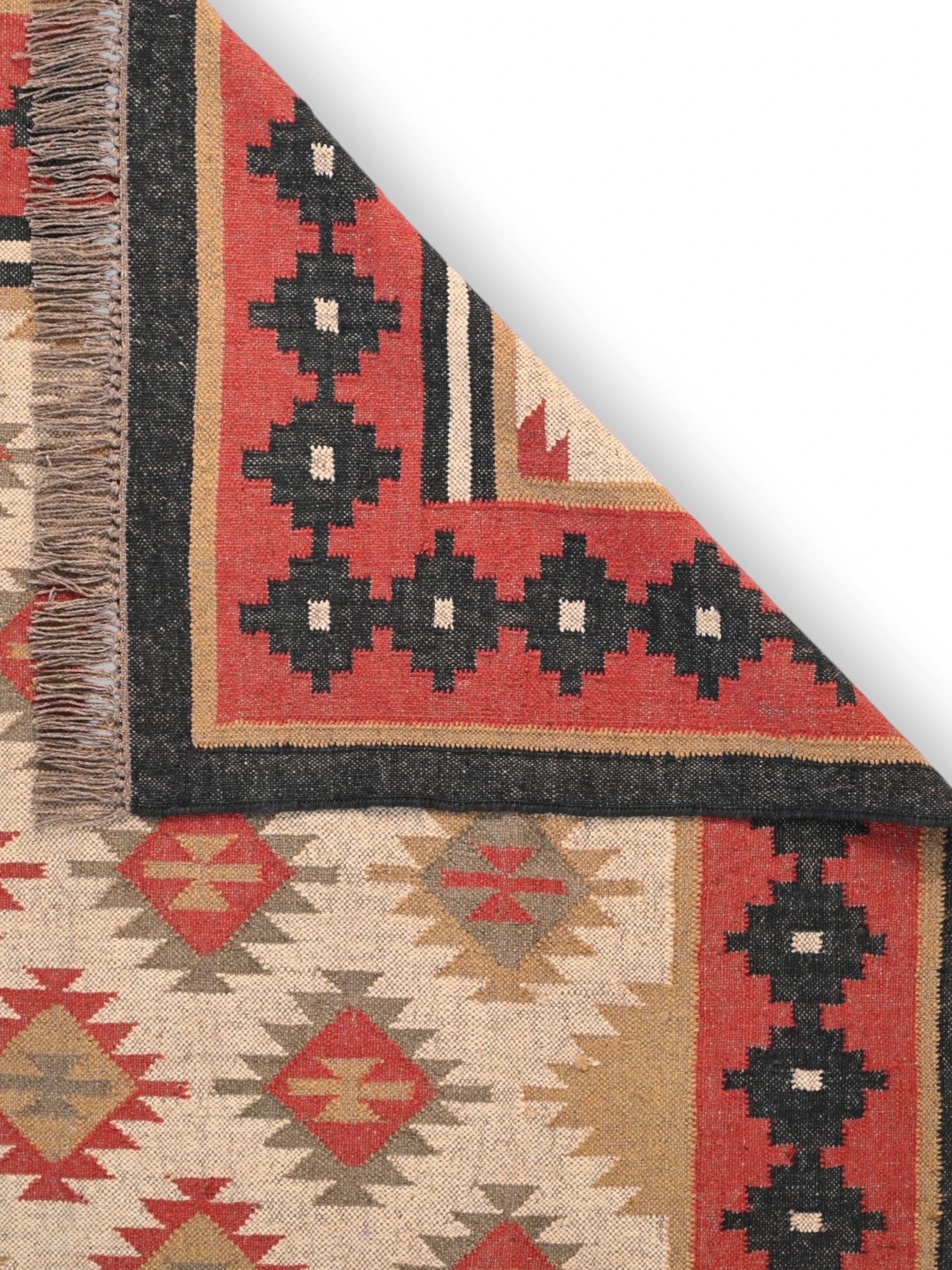 Detalle de alfombras kililm pasillo 180x270 multicolor necha a mano en fibras naturales
