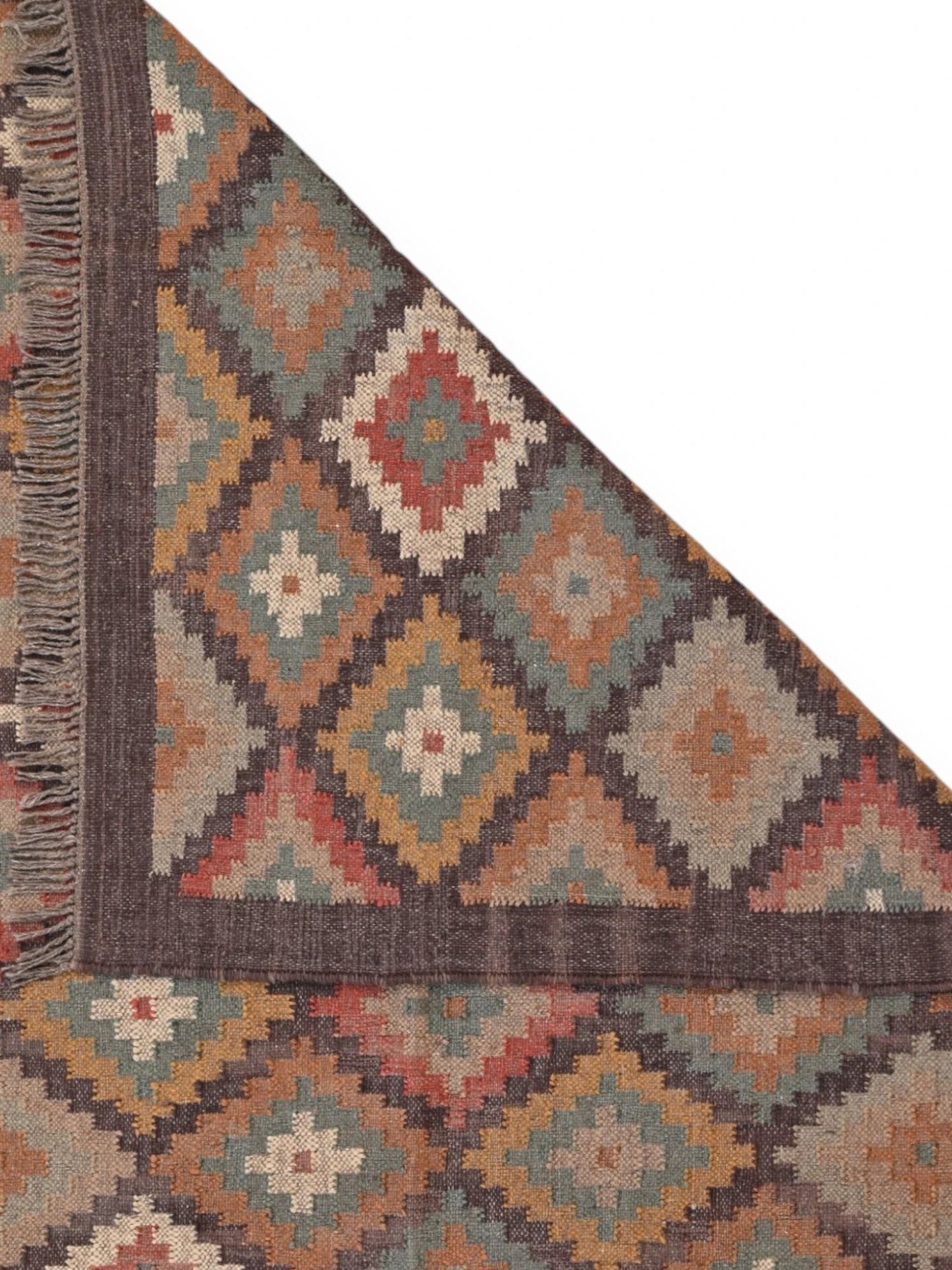 Detalle de alfombras kililm pasillo  270x360  multicolor necha a mano en fibras naturales