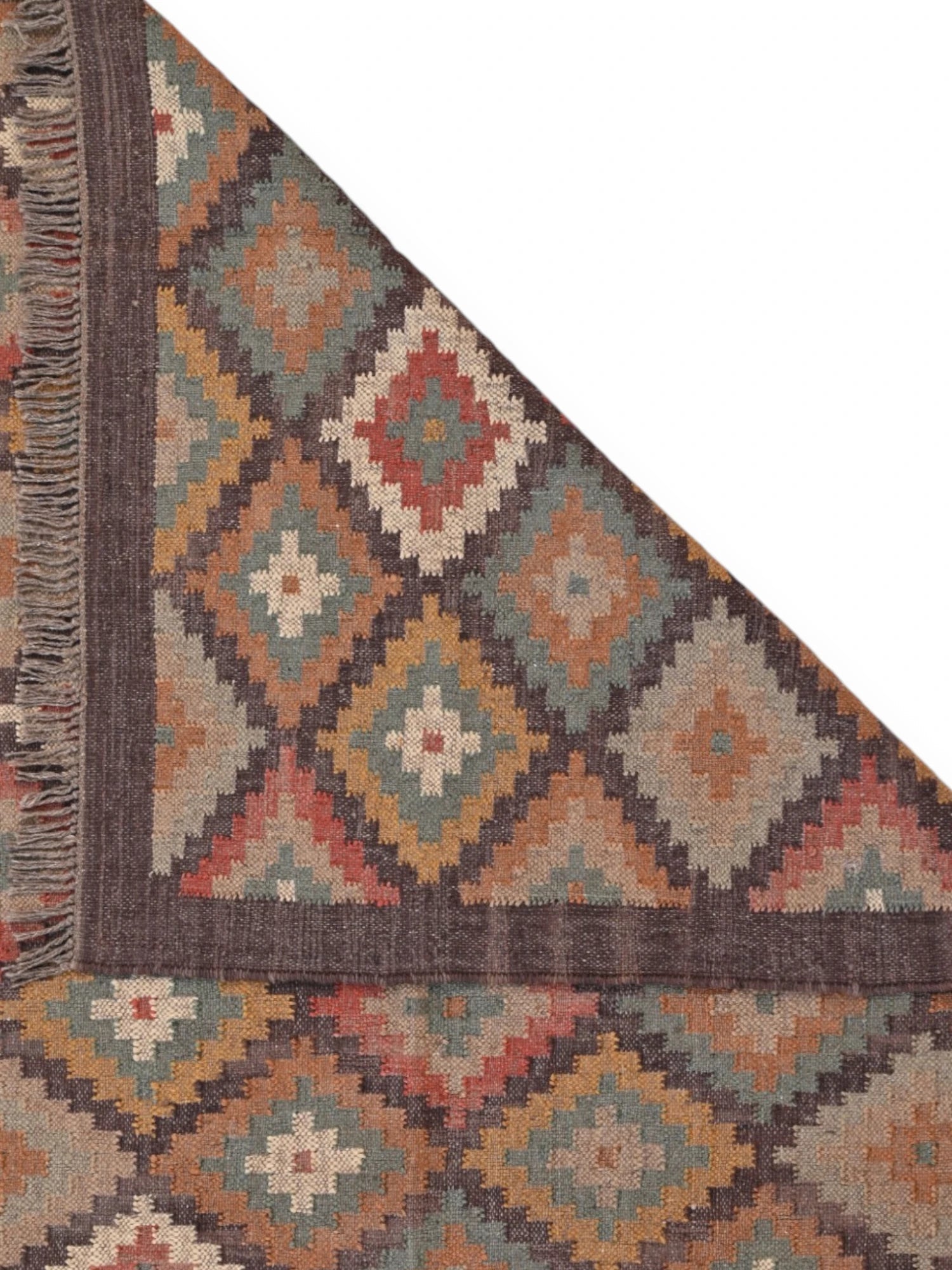 Detalle de alfombras kililm pasillo  270x360  multicolor necha a mano en fibras naturales
