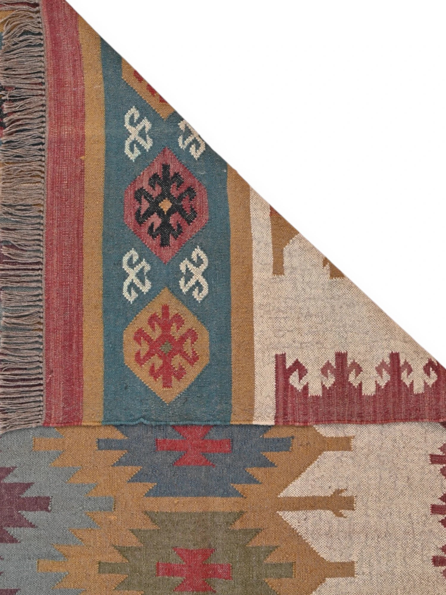 Detalle de alfombras kililm pasillo  270x360  multicolor necha a mano en fibras naturales