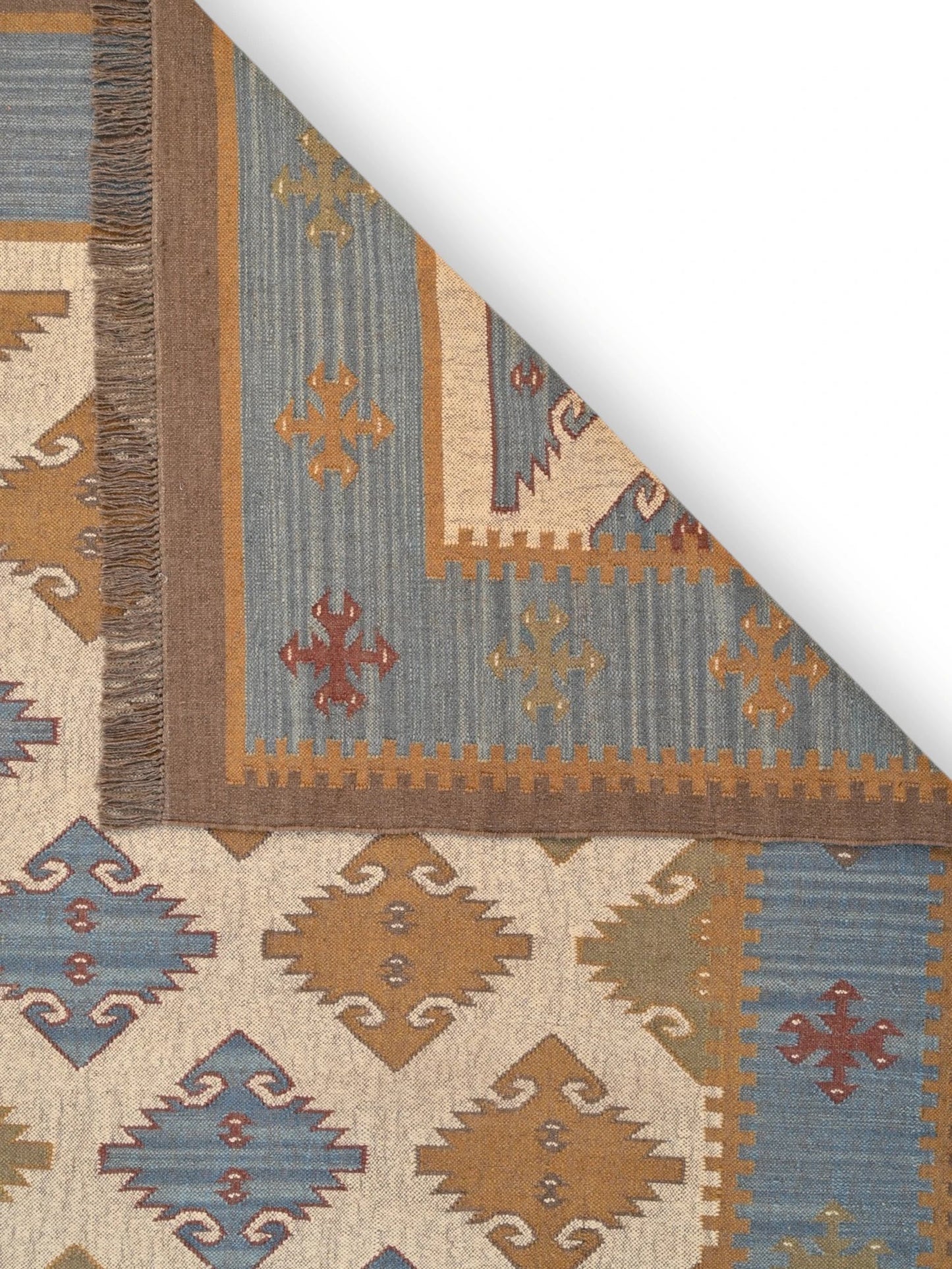 Detalle de alfombras kililm pasillo 300x400 multicolor necha a mano en fibras naturales