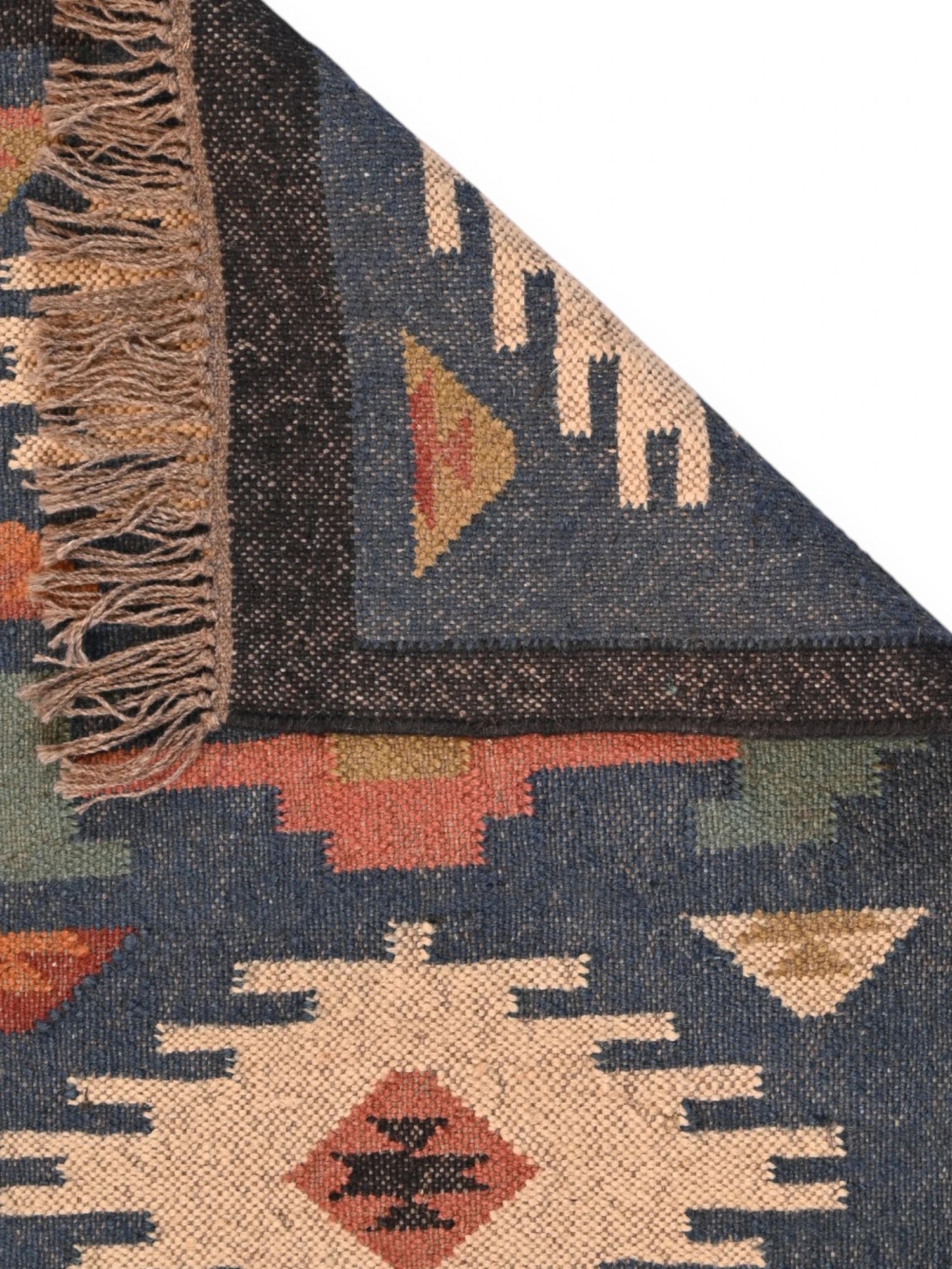 Detalle de alfombras kililm pasillo 60x150 multicolor necha a mano en fibras naturales