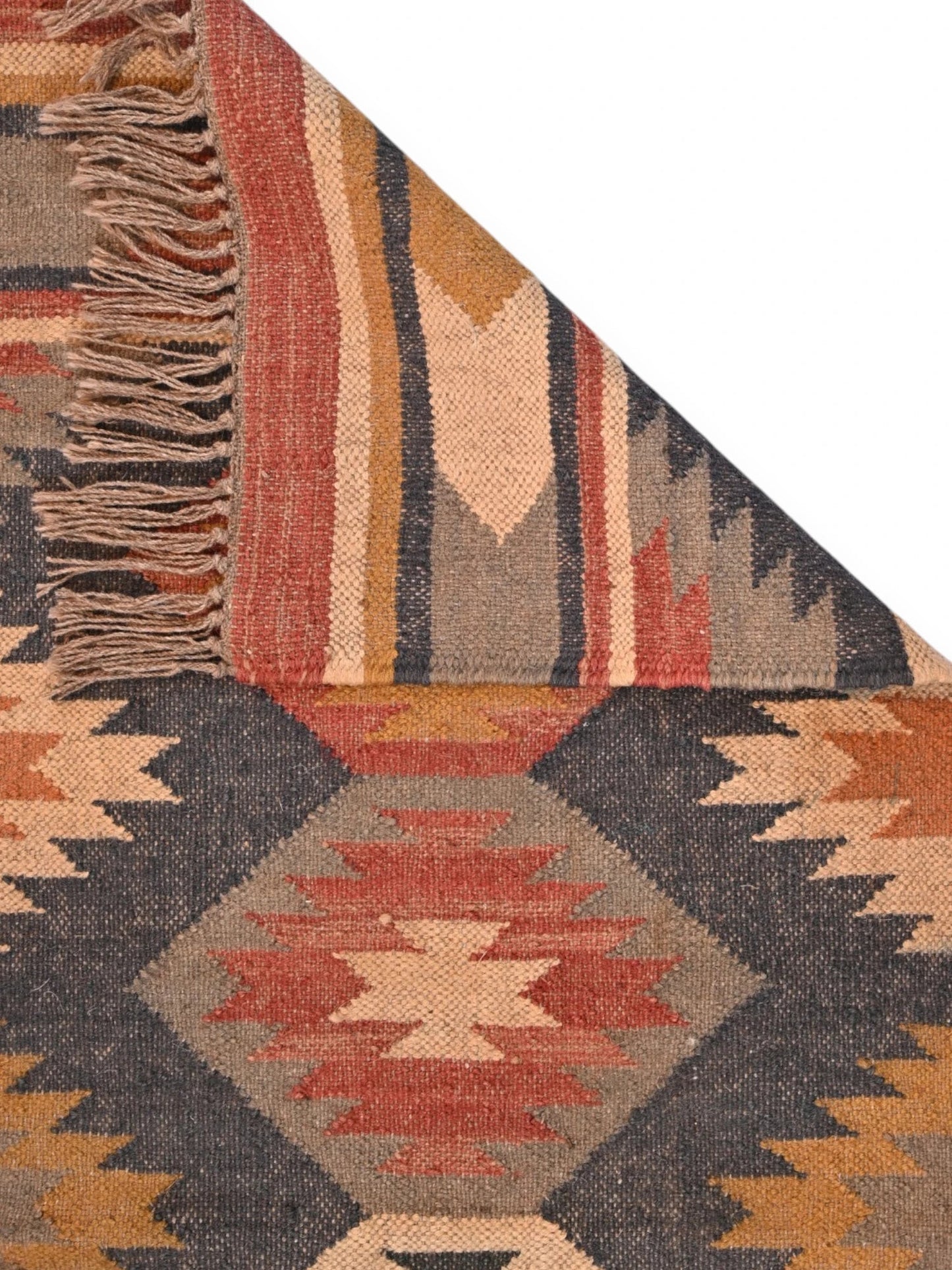 Detalle de alfombras kililm pasillo 60x150 multicolor necha a mano en fibras naturales