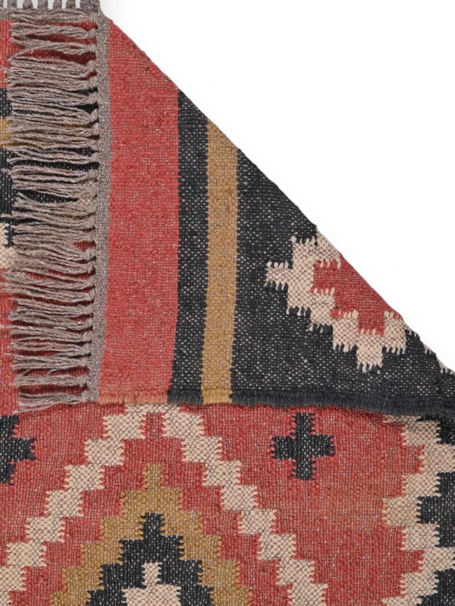 Detalle de alfombra kilim pasillo 60x180 multicolor hecha a mano en fibras naturales