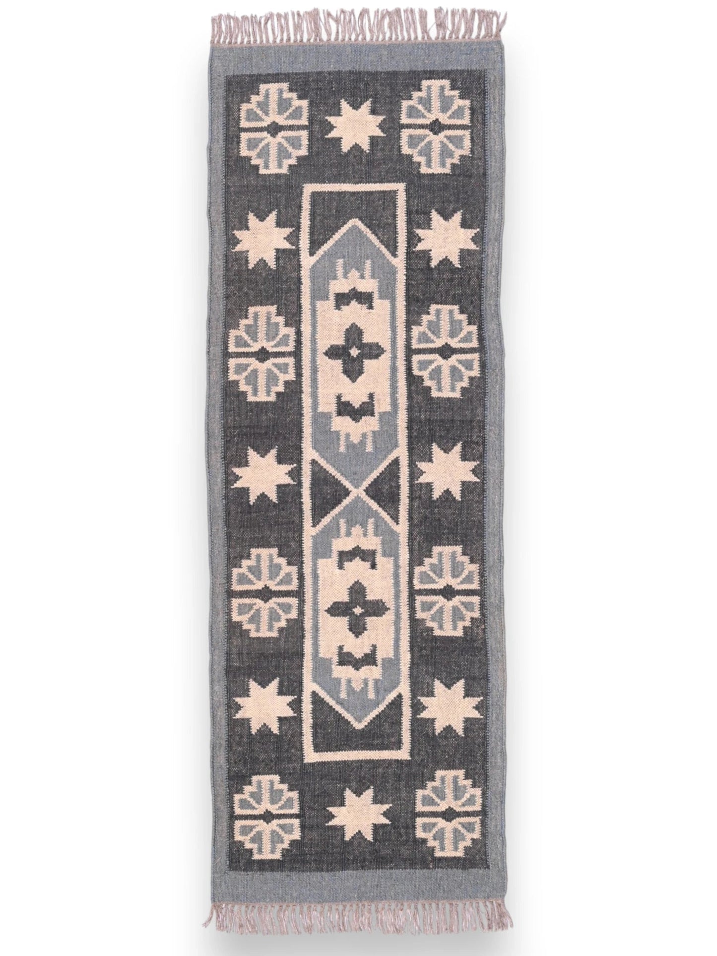 alfombras kilim pasillo 60x180 negro, beige hecha a mano en fibras naturales