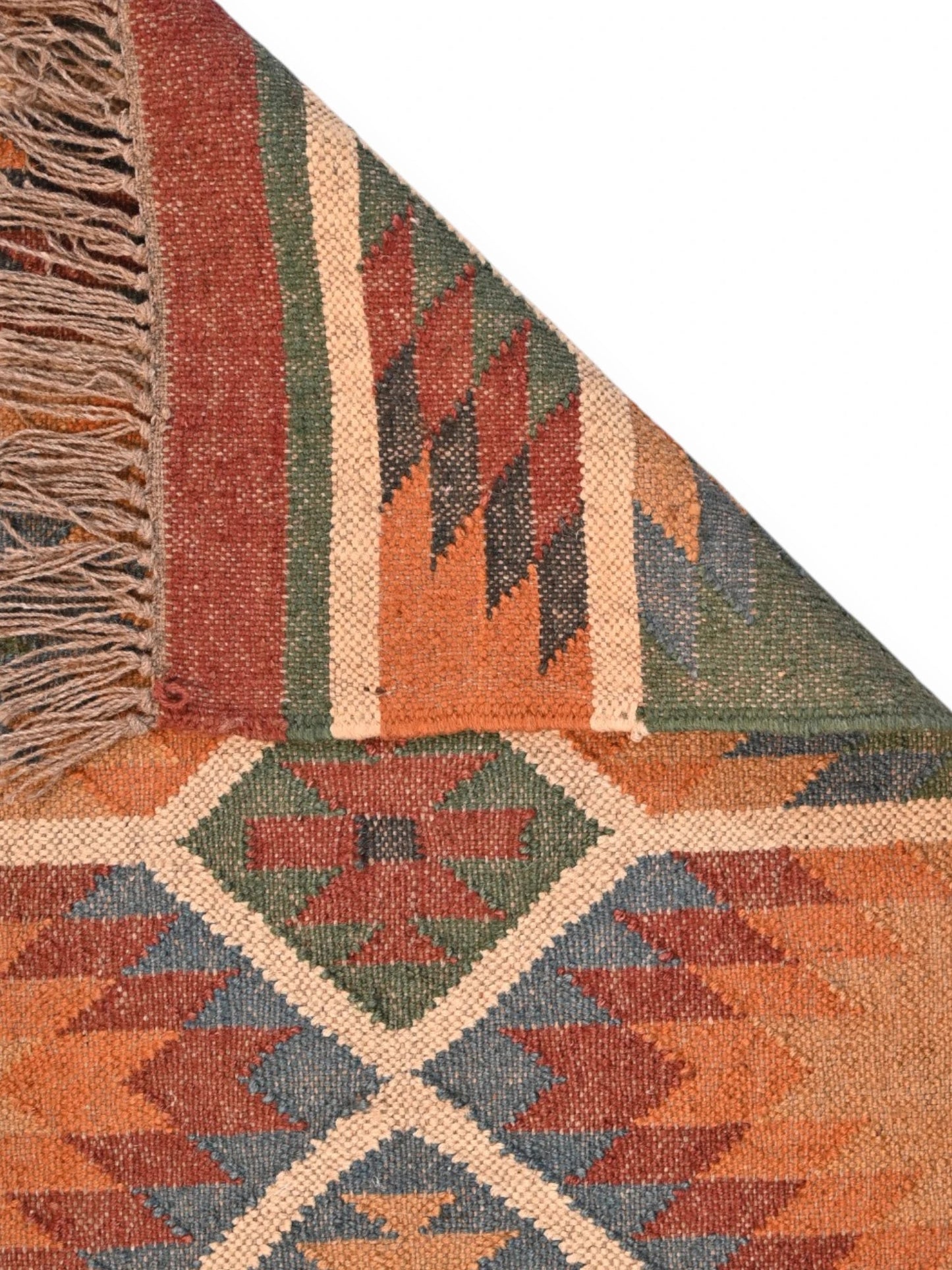 Detalle de alfombras kililm pasillo 60x180 multicolor necha a mano en fibras naturales