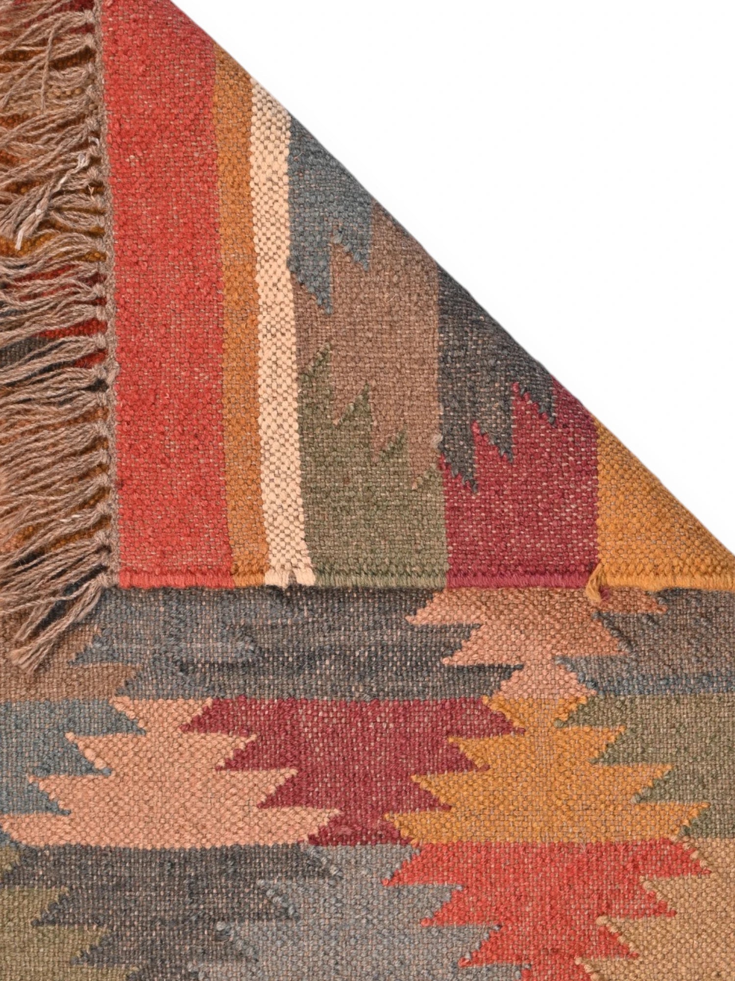 Detalle de alfombras kililm pasillo 60x180 multicolor necha a mano en fibras naturales