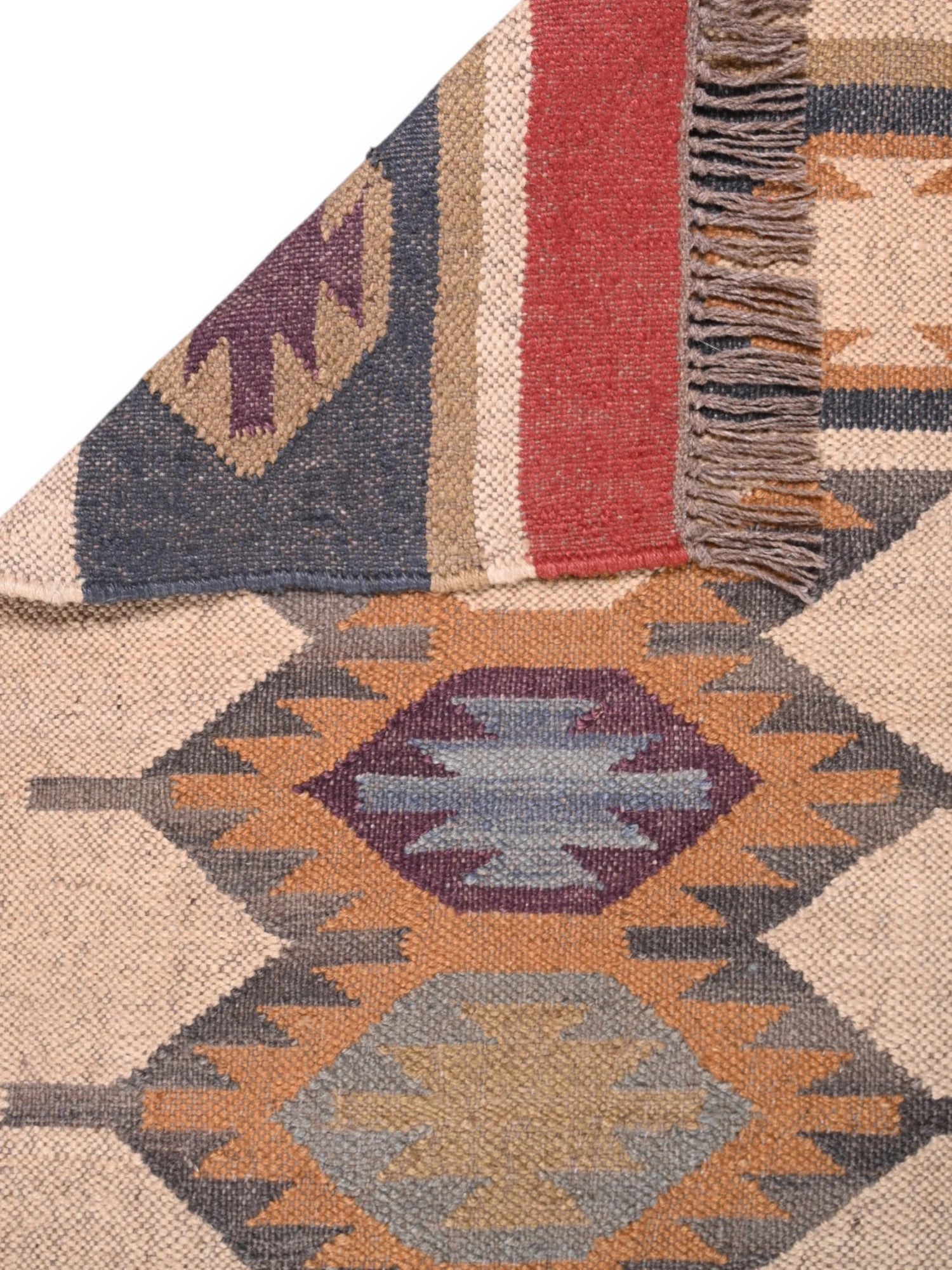 Detalle de alfombra kilim pasillo 60x180 multicolor hecha a mano en fibras naturales