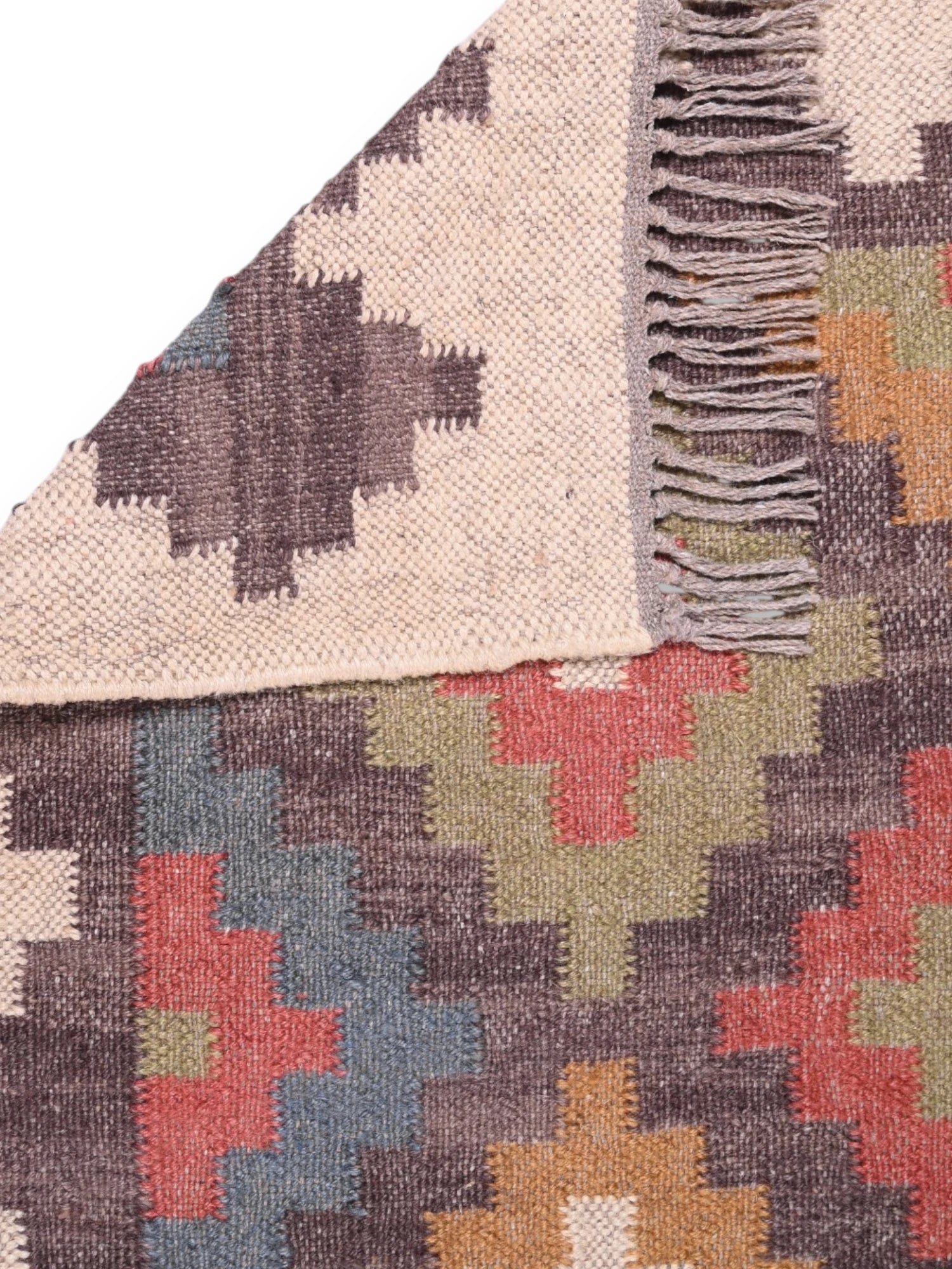 Detalle de alfombra kilim pasillo 60x180 multicolor hecha a mano en fibras naturales