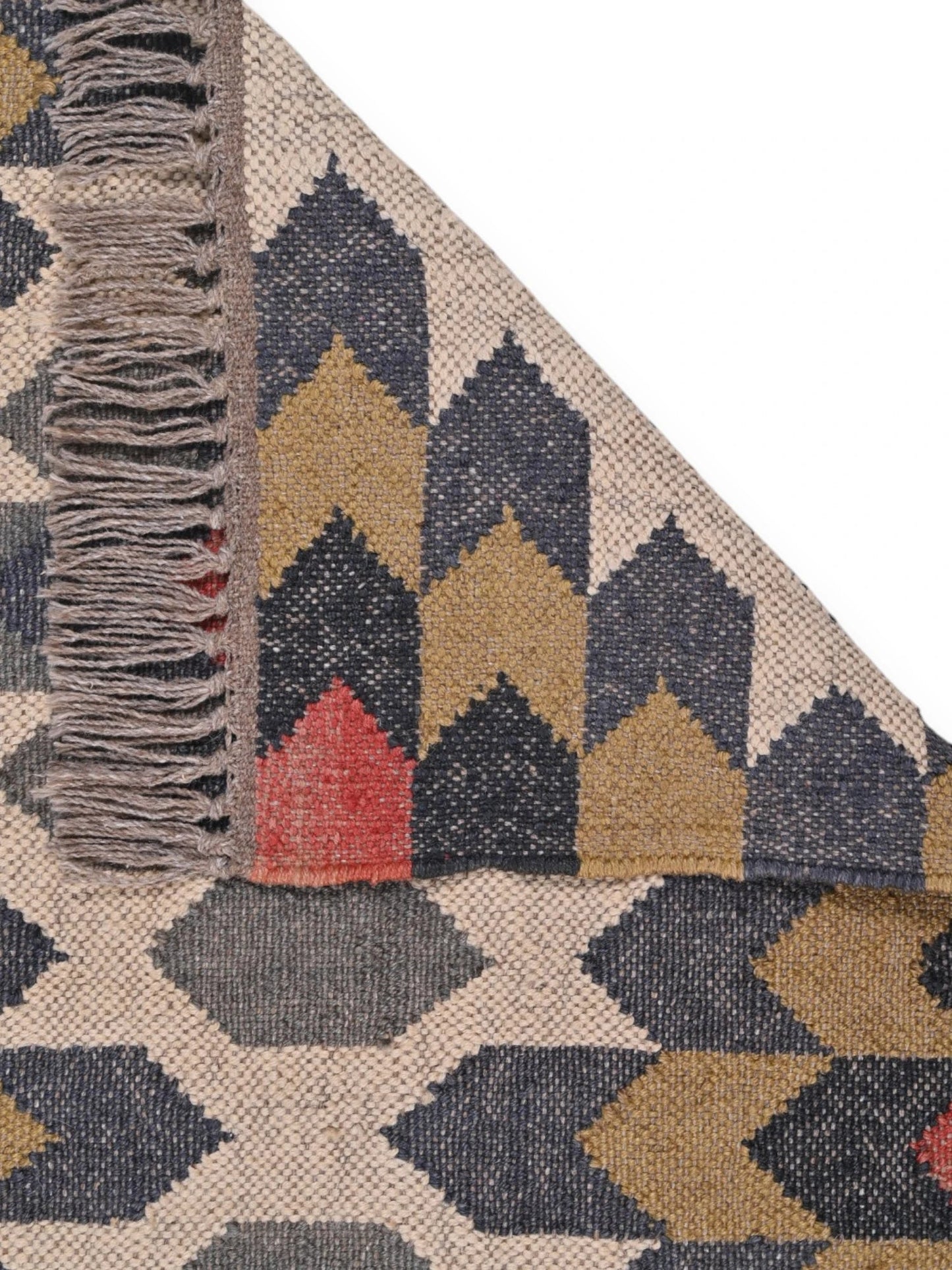 Detalle de alfombra kilim pasillo 60x180 multicolor hecha a mano en fibras naturales
