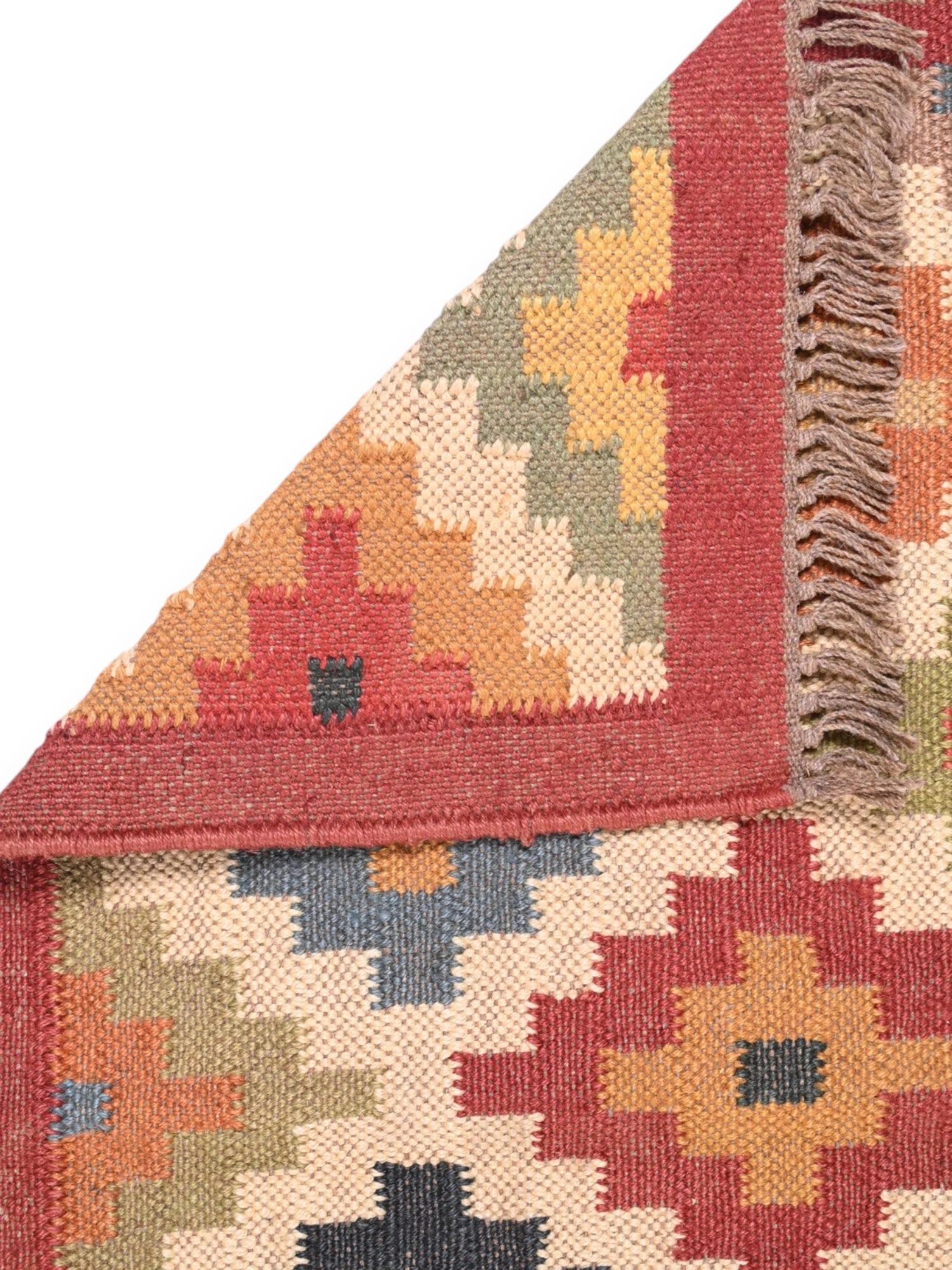 Detalle de alfombra kilim pasillo 60x180 multicolor hecha a mano en fibras naturales