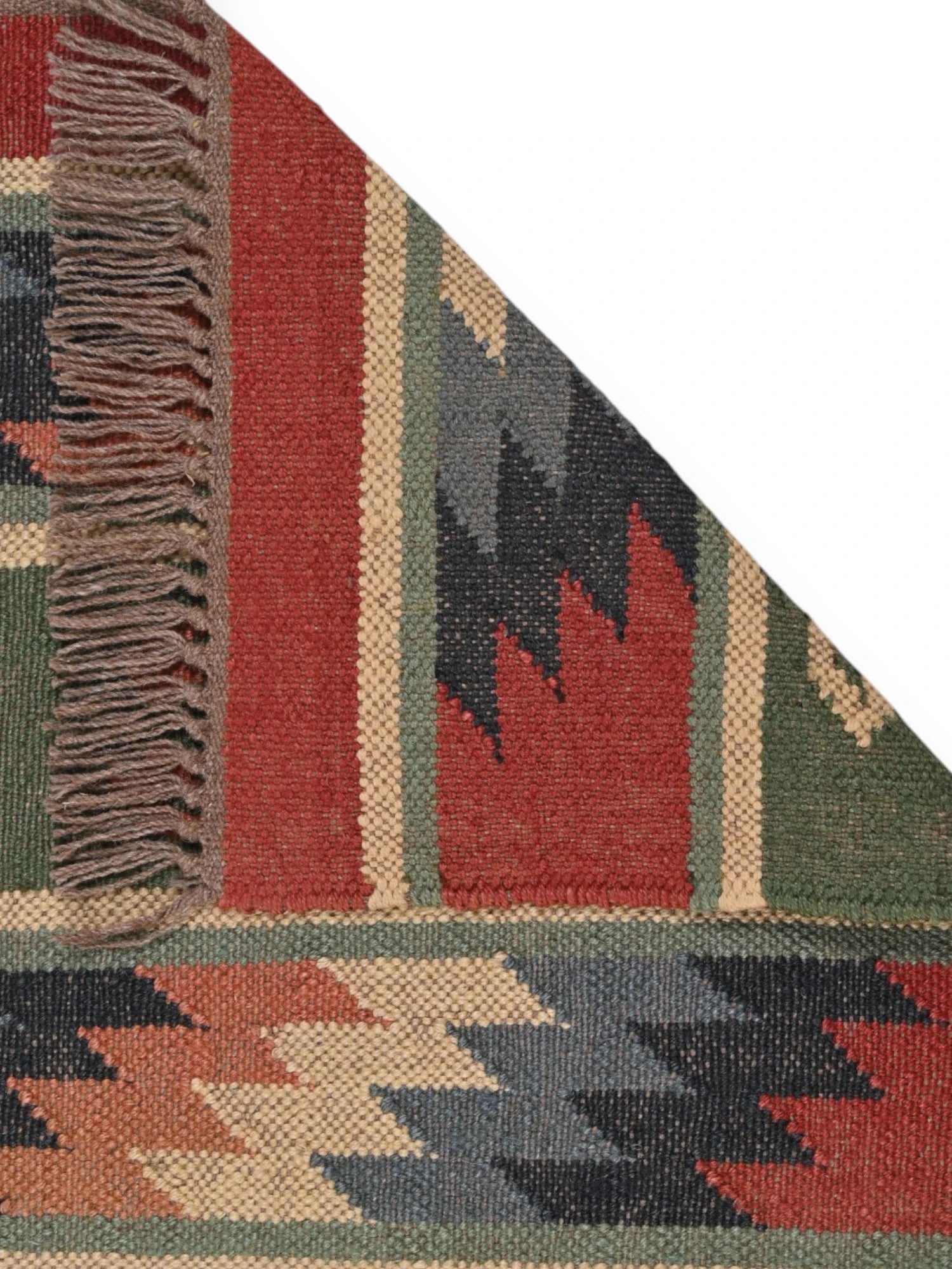 Detalle de alfombra kilim pasillo 60x180 multicolor hecha a mano en fibras naturales