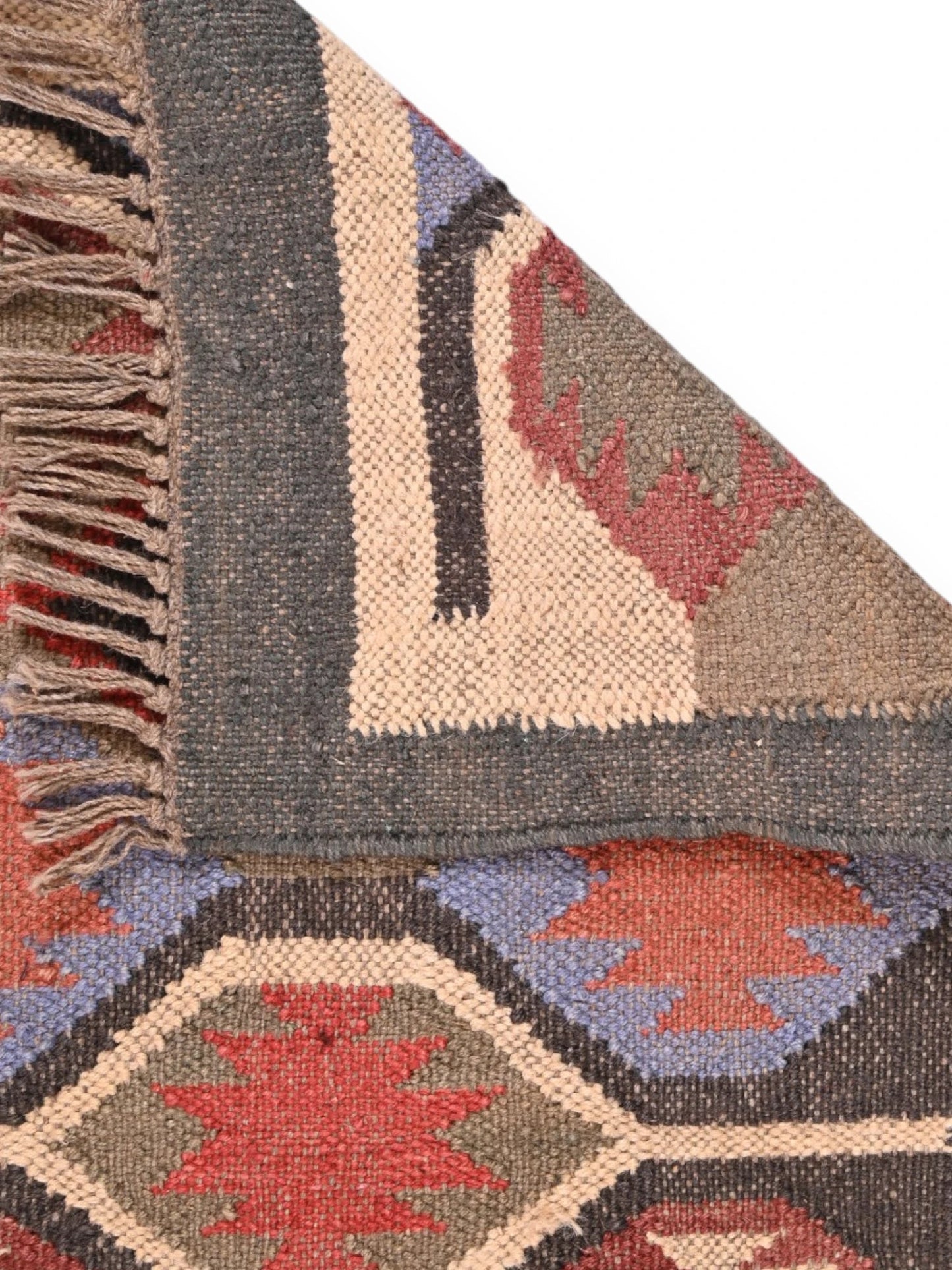 Detalle de alfombras kililm pasillo 60x90 multicolor necha a mano en fibras naturales