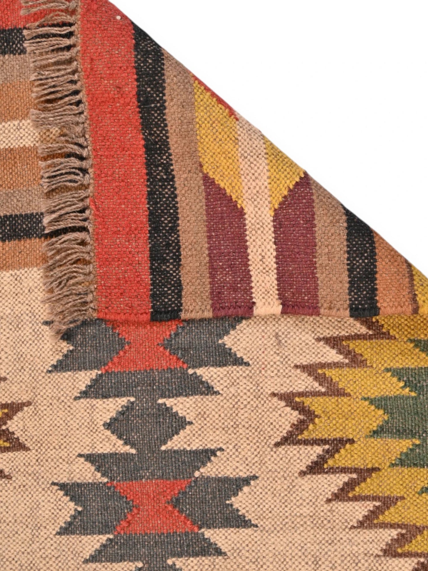 Detalle de alfombras kililm pasillo 60x90 multicolor necha a mano en fibras naturales