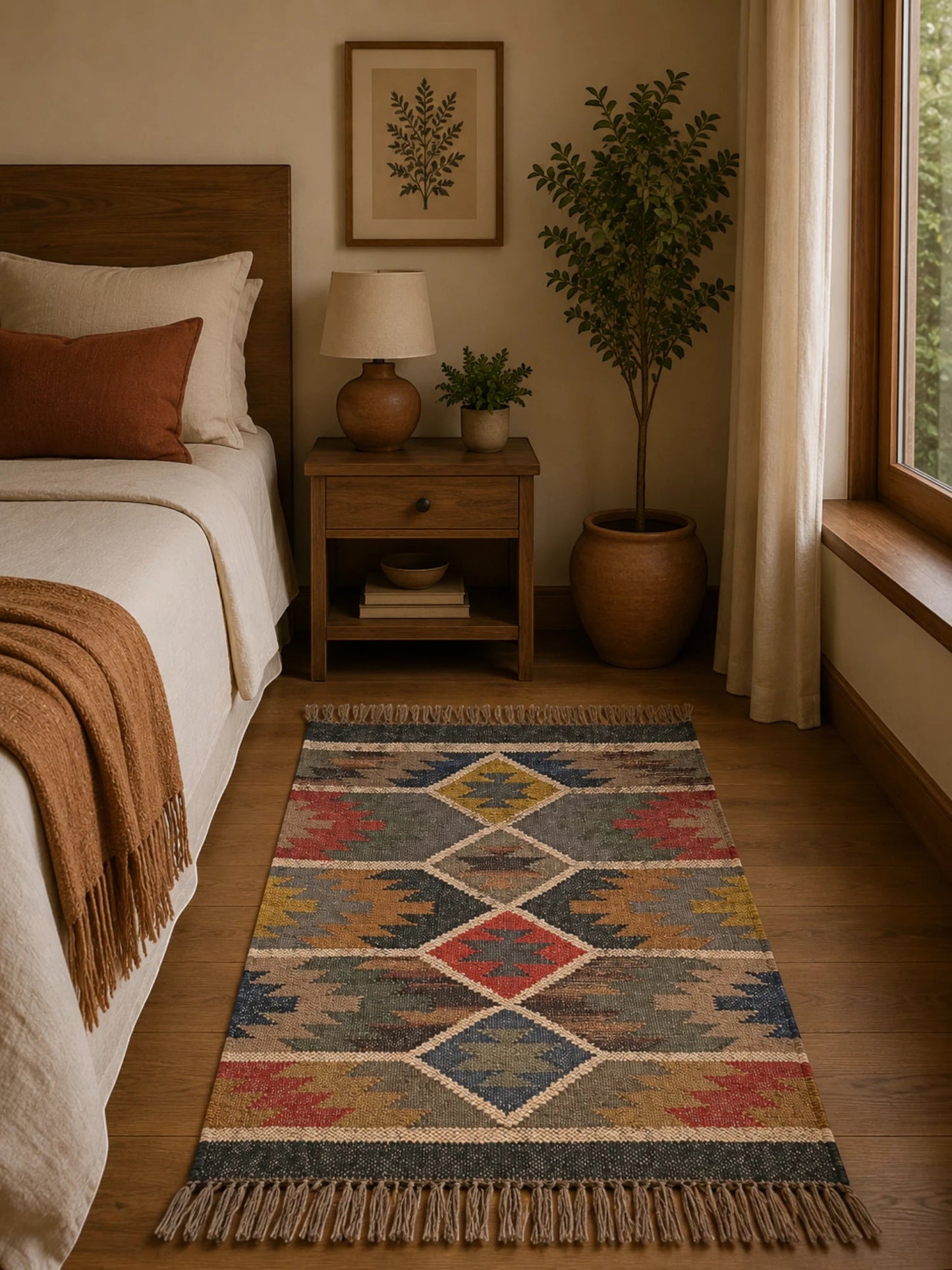 Alfombra Kilim 60x90 cms para (comedor, salón, dormitorio...dinning, living,  room) multicolor de yute y lana.