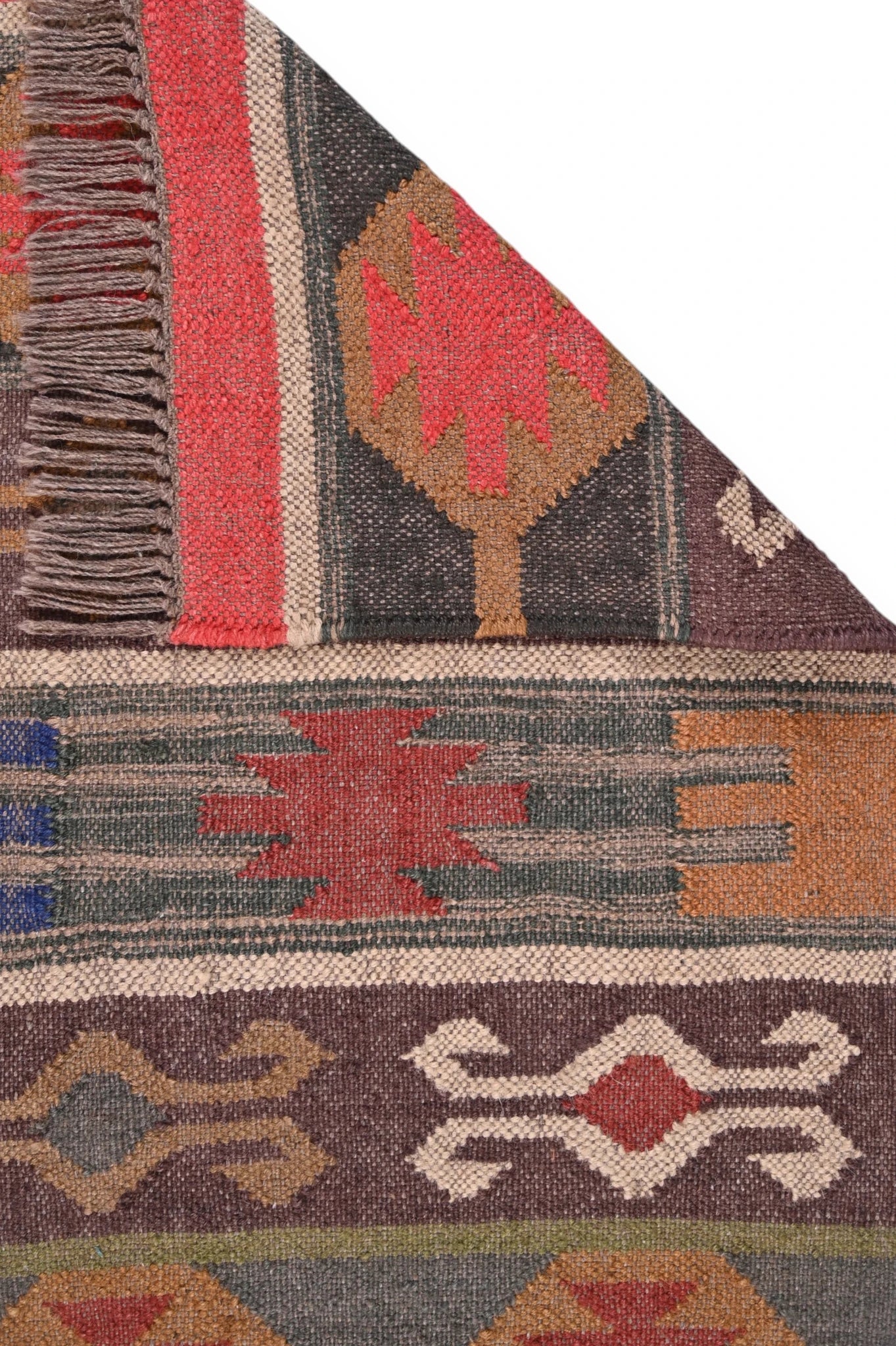 Detalle de alfombras kililm pasillo 60x90 multicolor necha a mano en fibras naturales