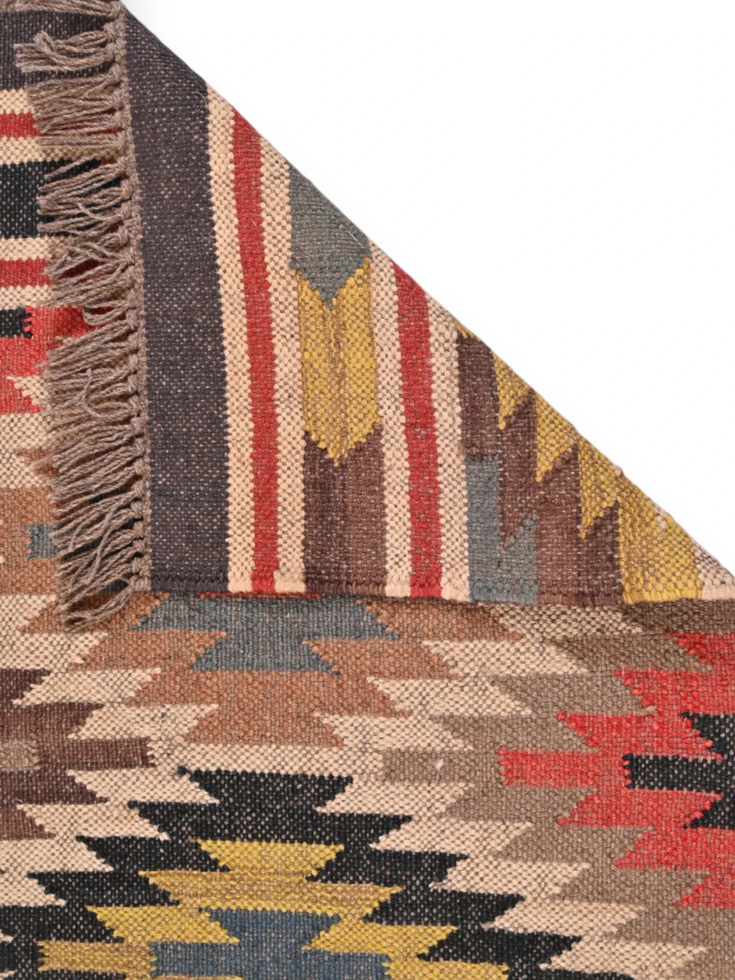 Detalle de alfombras kililm pasillo 60x90 multicolor necha a mano en fibras naturales