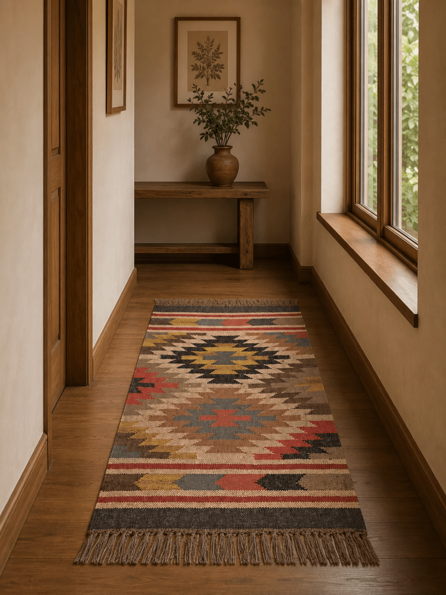 Alfombra Kilim 60x90 cms para (comedor, salón, dormitorio...dinning, living,  room) multicolor de yute y lana.